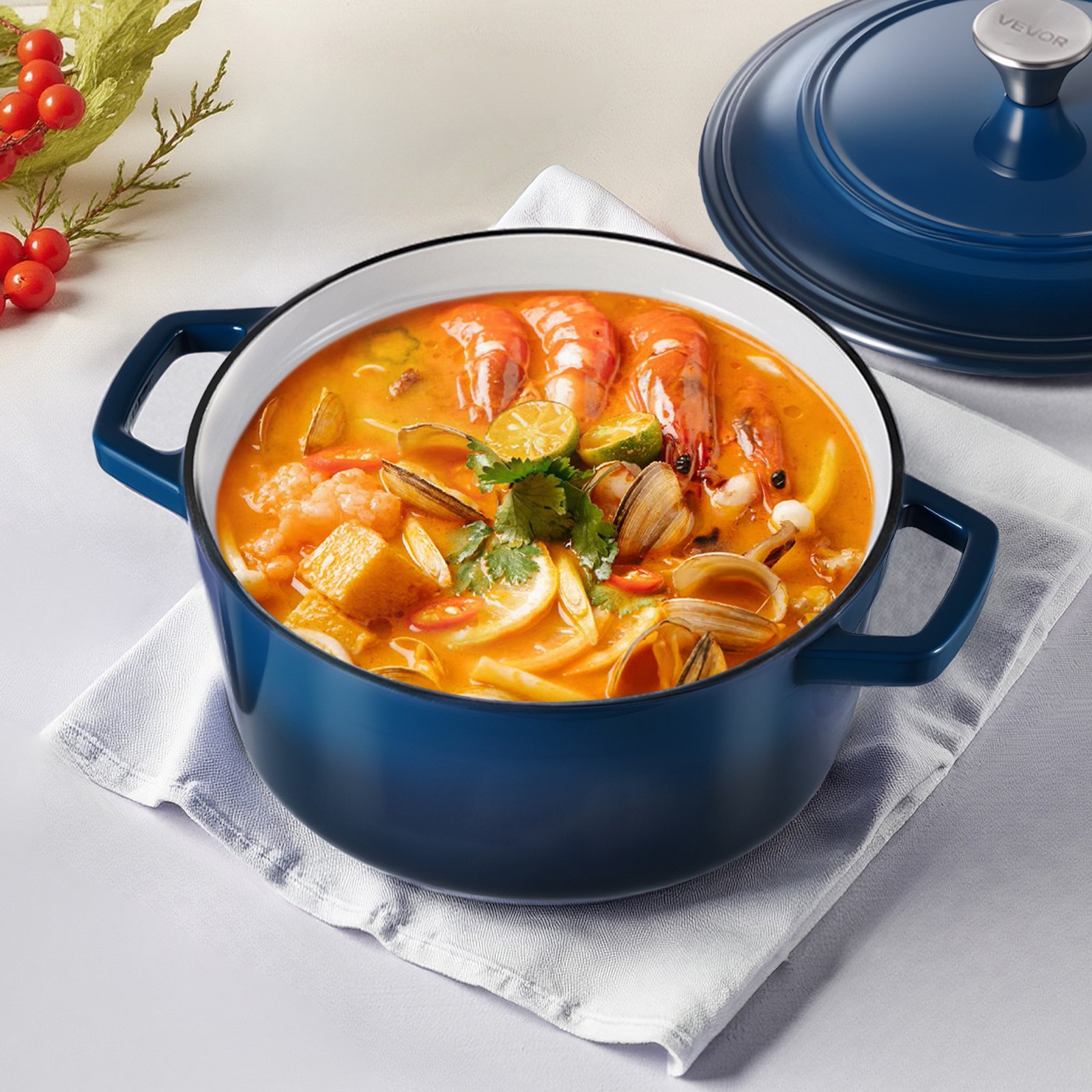 VEVOR geëmailleerde gietijzeren braadpan, 5,68 L braadpan voor het bakken van zuurdesembrood, robuuste kookpan met deksel en 2 handgrepen, geschikt tot 260 °C, broodpan voor koken en frituren