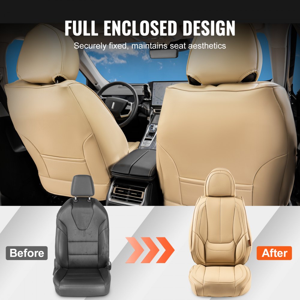 VEVOR stoelhoezen, universele autostoelhoezen voor de voorstoelen, 6-delige synthetisch leren stoelhoes, volledig omsloten ontwerp, verwijderbare hoofdsteun en geschikt voor airbags, auto's, vrachtwagens, SUV's