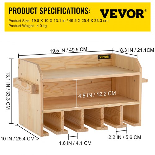 VEVOR Power Tool Organizer Rack 49,5 x 25,4 x 33,3 cm Power Tool Opslag Organizer Grenenhout Elektrische Boor Opbergrek met 50 kg Gewichtscapaciteit en 5 Ophangsleuven Gebruikt in Magazijn Garage enz
