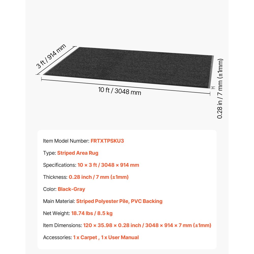 VEVOR Dirt Trapper Mat, 3048 x 914 mm, deurmat voor binnen en buiten, deurmat met PVC-achterkant, wasbaar entreemat voor gang, balkon, garage, strepen, grijs
