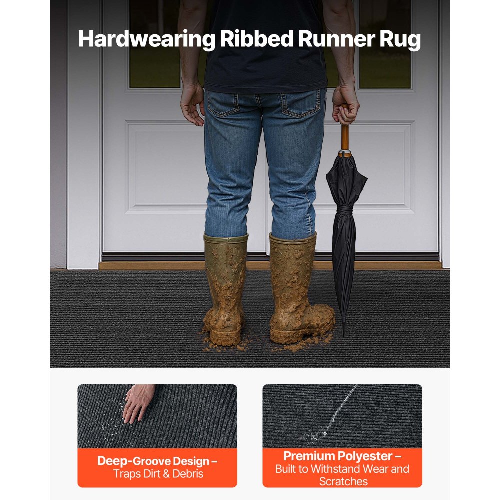 VEVOR Dirt Trapper Mat, 3048 x 914 mm, deurmat voor binnen en buiten, deurmat met PVC-achterkant, wasbaar entreemat voor gang, balkon, garage, strepen, grijs