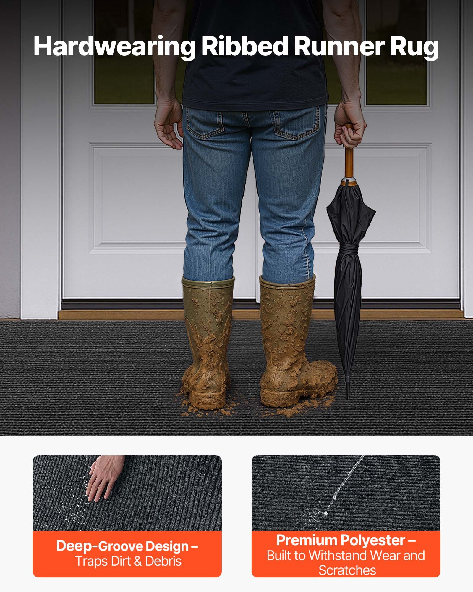 VEVOR Dirt Trapper Mat, 3048 x 914 mm, deurmat voor binnen en buiten, deurmat met PVC-achterkant, wasbaar entreemat voor gang, balkon, garage, strepen, grijs