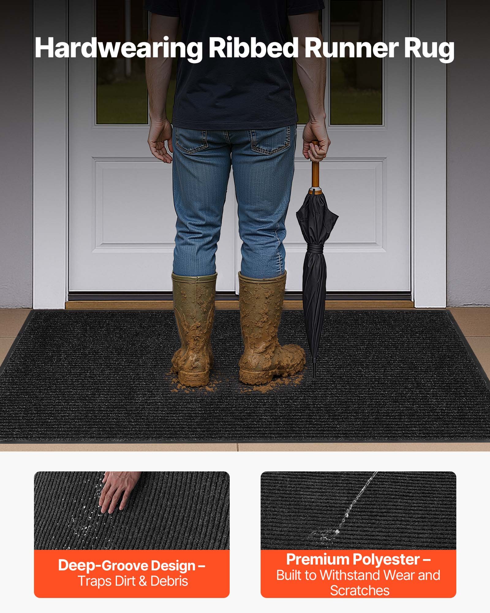 VEVOR Dirt Trapper Mat, 1524 x 914 mm, binnen- en buitendeurmat, PVC-achterkant, wasbaar entreemat voor gang, balkon, garage, gestreept, grijs