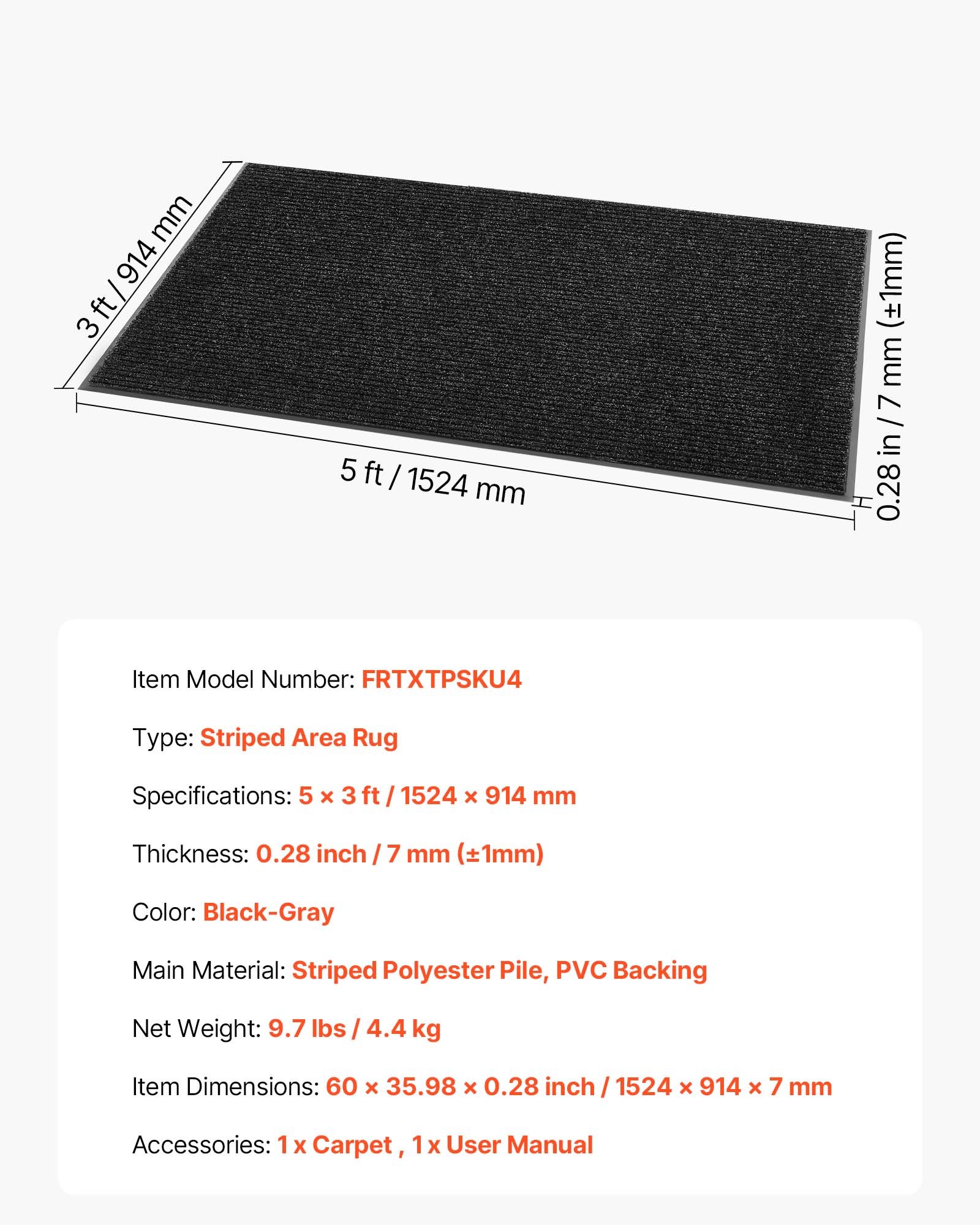 VEVOR Dirt Trapper Mat, 1524 x 914 mm, binnen- en buitendeurmat, PVC-achterkant, wasbaar entreemat voor gang, balkon, garage, gestreept, grijs