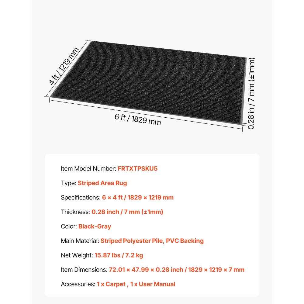 VEVOR Dirt Trapper Mat, 1829 x 1219 mm, binnen- en buitendeurmat, PVC-achterkant, wasbaar entreemat voor gang, balkon, garage, gestreept, grijs