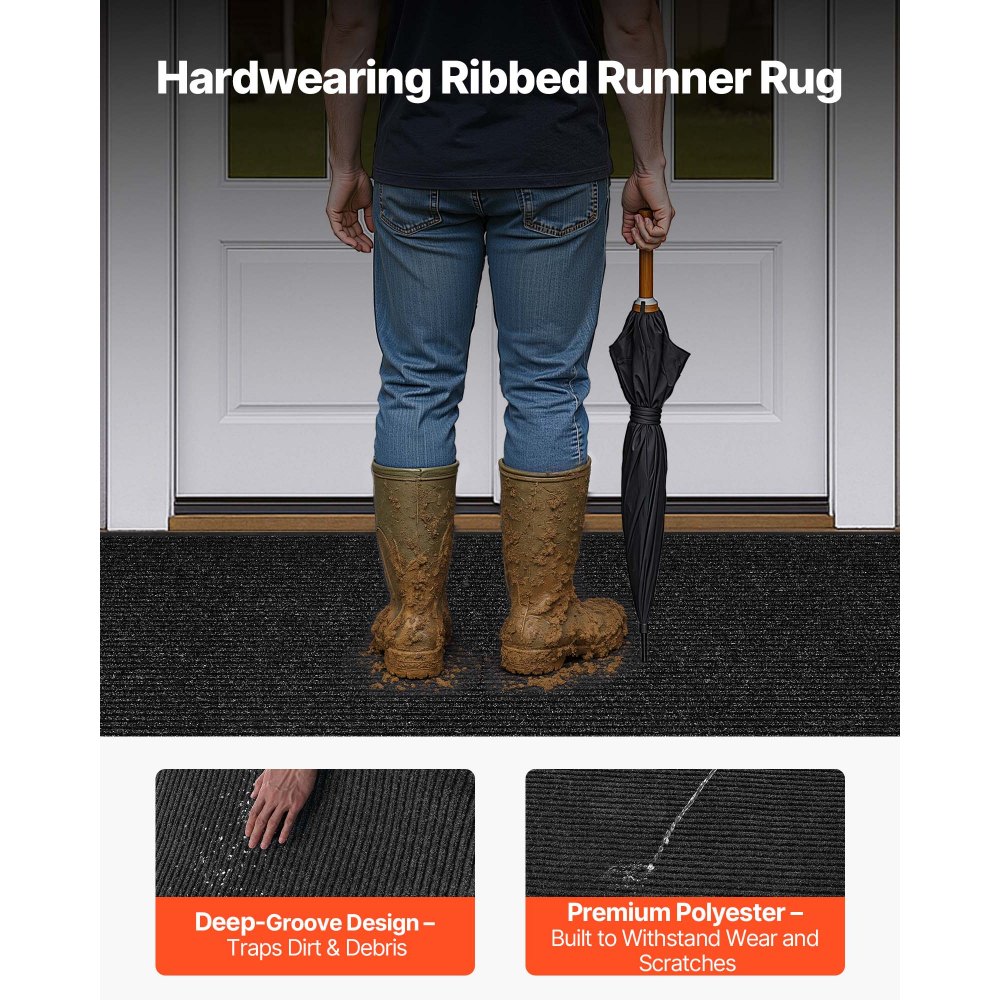 VEVOR Dirt Trapper Mat, 2438 x 1219 mm, binnen- en buitendeurmat, PVC-achterkant, wasbaar entreemat voor gang, balkon, garage, gestreept, grijs