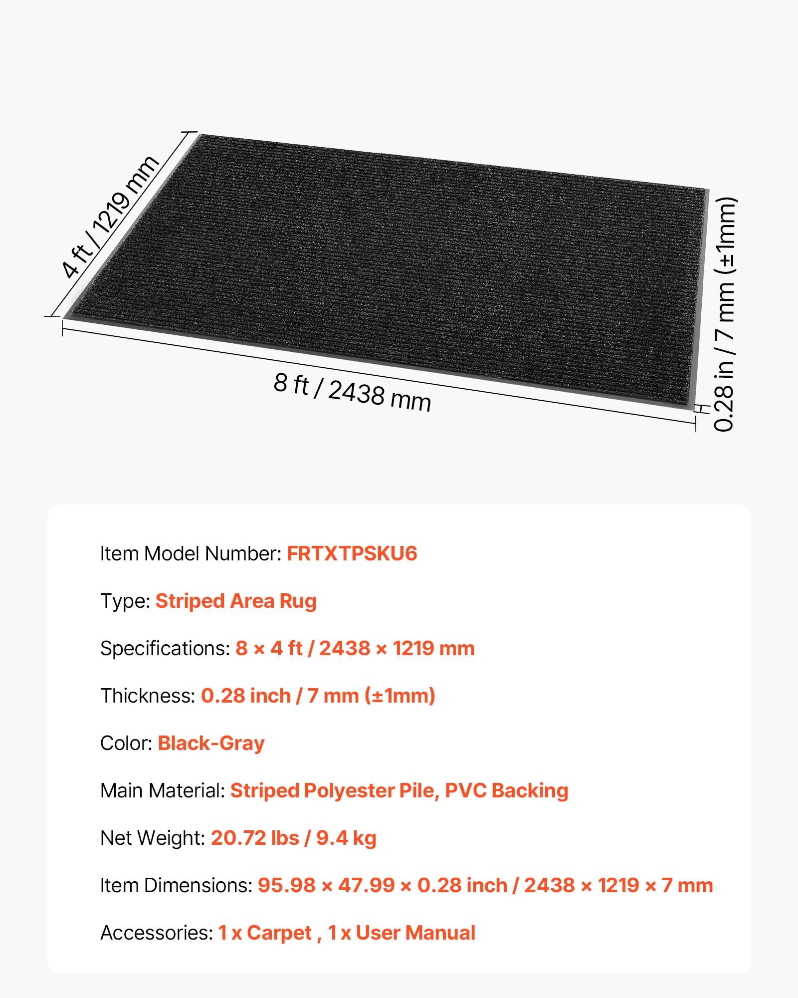 VEVOR Dirt Trapper Mat, 2438 x 1219 mm, binnen- en buitendeurmat, PVC-achterkant, wasbaar entreemat voor gang, balkon, garage, gestreept, grijs