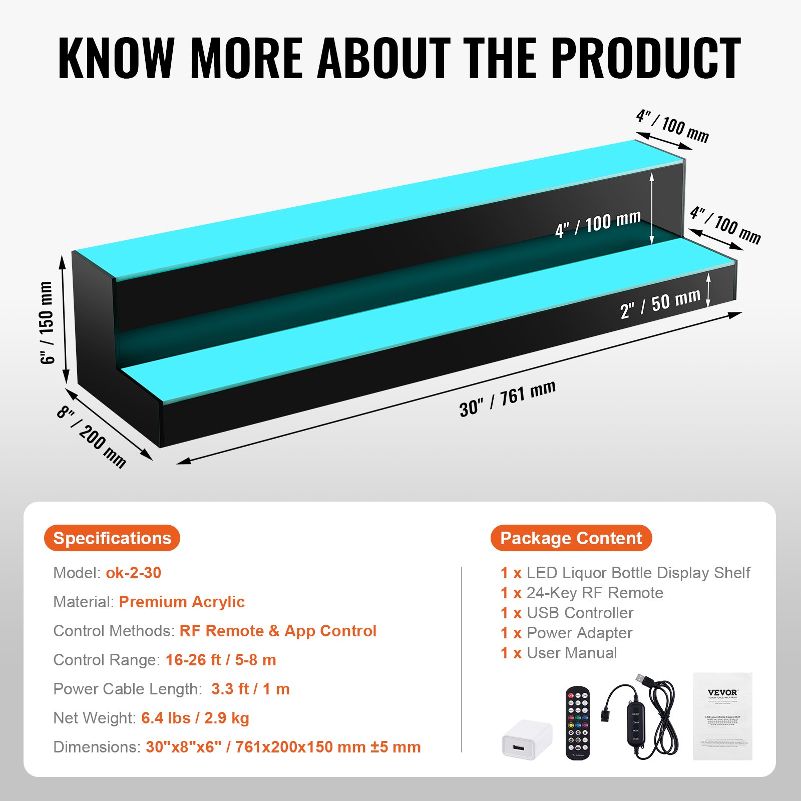 VEVOR Bar Shelf Wijnrek, LED-verlichte barplank voor thuis met RF-afstandsbediening en app-bediening, 2-laags acryl drankverlichtingsplank, 761 x 200 x 150 mm commerciële wijnflessenstandaard