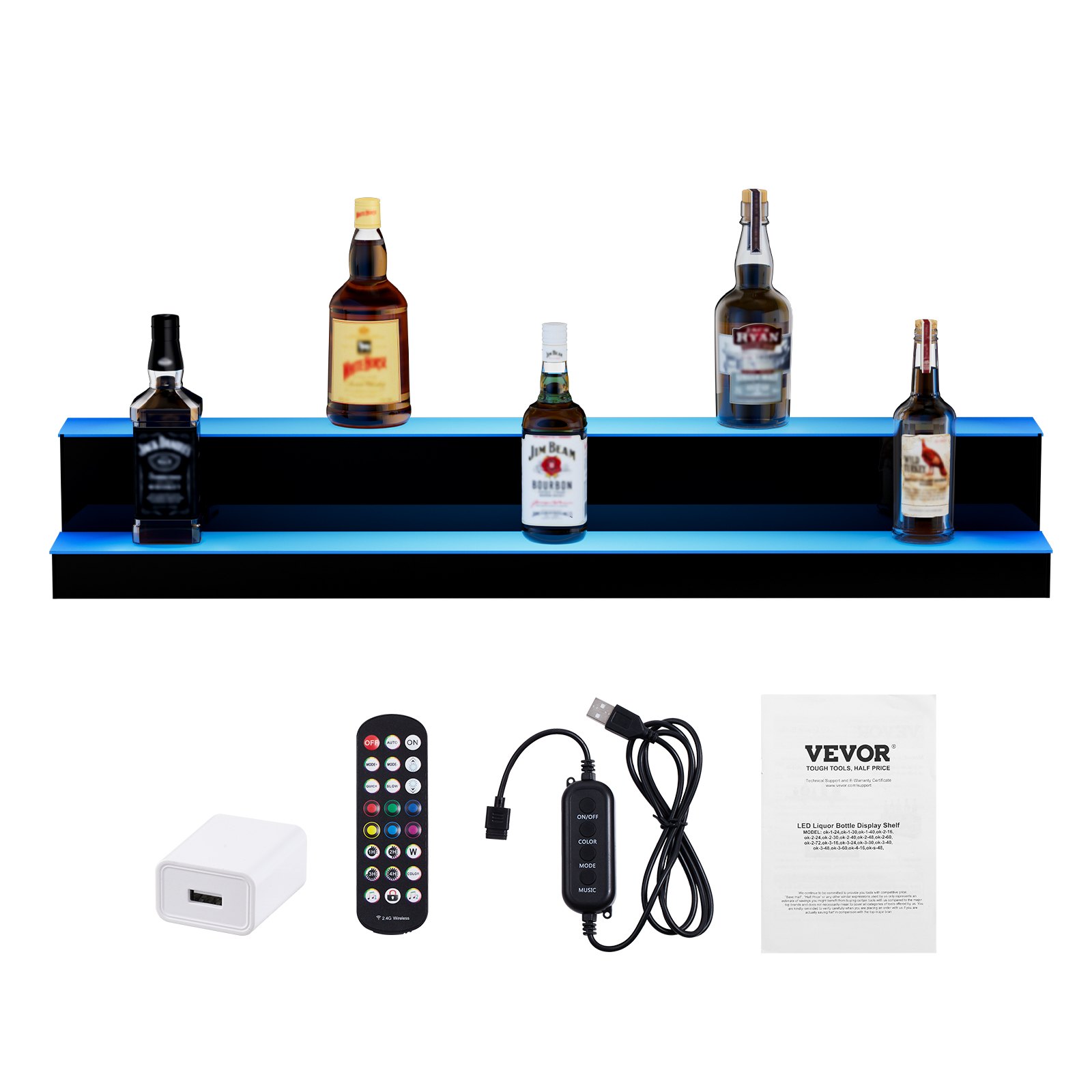 VEVOR Bar Shelf Wijnrek, LED-verlichte barplank voor thuis met RF-afstandsbediening en app-bediening, 2-laags acryl drankverlichtingsplank, 1014 x 200 x 150 mm commerciële wijnflessenstandaard