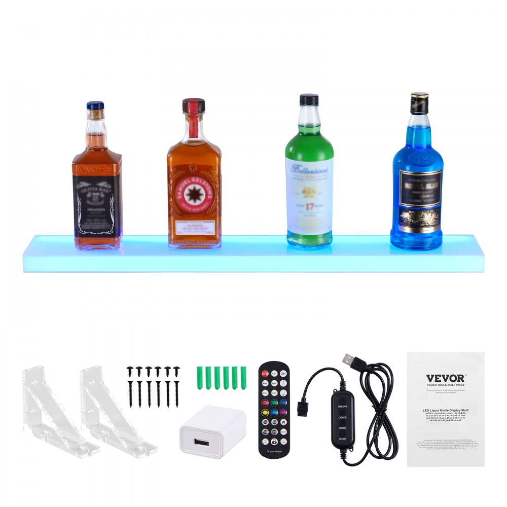 VEVOR LED Lighted Liquor Bottle Display, 1 Tier 30 Inch Wall Mounted Whiskey Rack Stand, 1 Step Commercial Illuminated Home Bar Shelf, Acrylic Drinks lighting Shelves with RF Remote & App Control