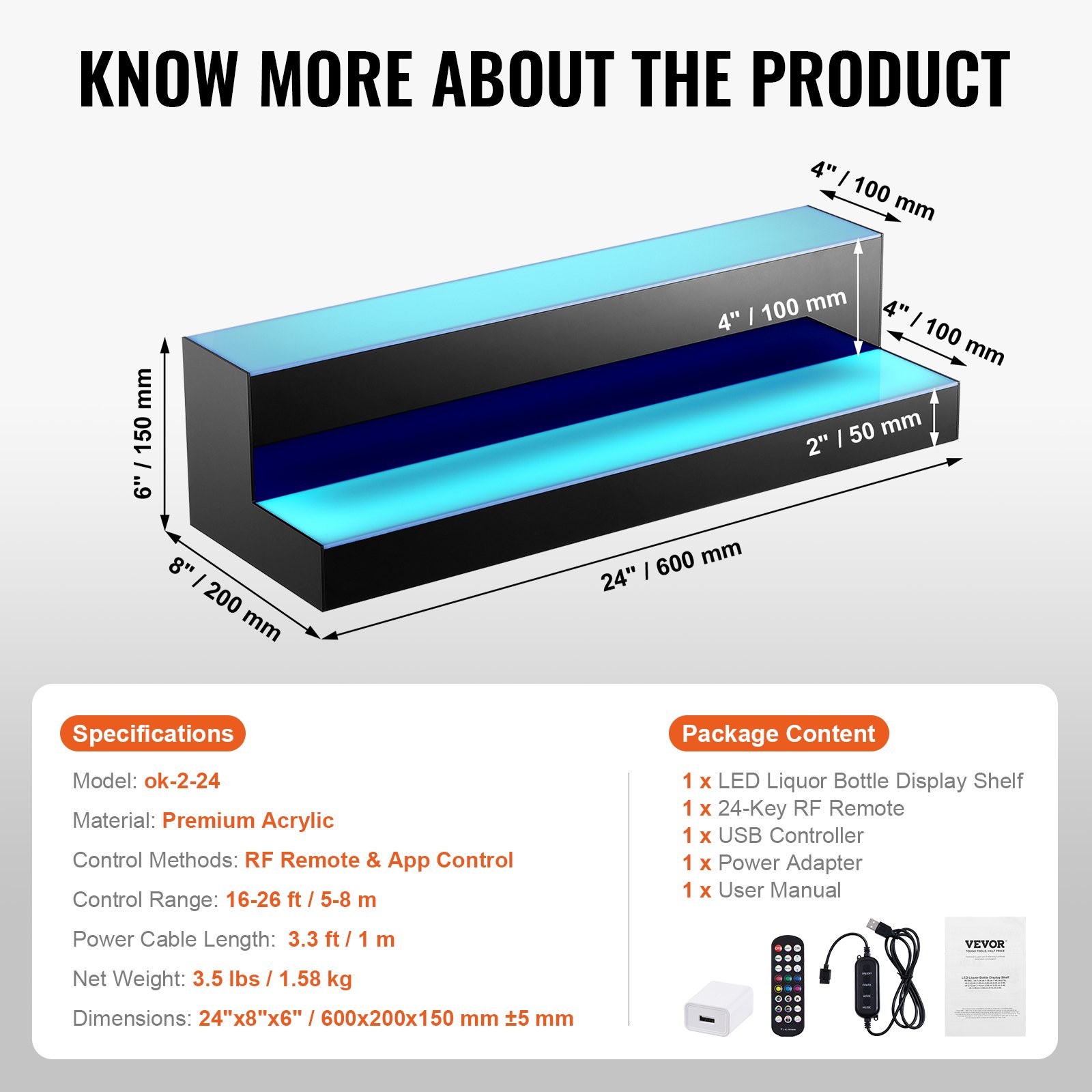 VEVOR Barplank Wijnrek, LED-verlichte barplank voor thuis met RF-afstandsbediening en app-bediening, 2-laags acryl drankverlichtingsplank, 60 x 20 x 15 cm wijnflessenstandaard vrijstaand