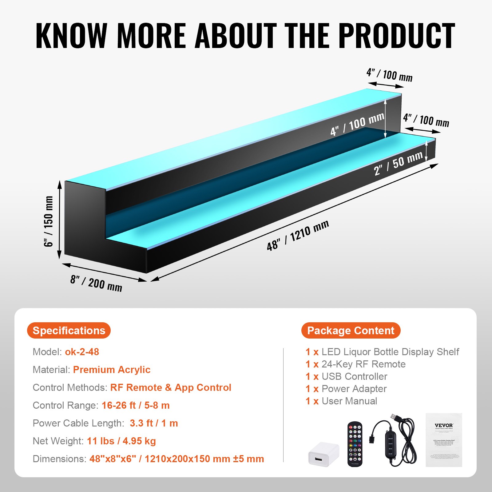 VEVOR LED Lighted Liquor Bottle Display, 2 Tiers 48 Inch Commercial Illuminated Home Bar Shelf, 2 Steps Whiskey Rack Stand, Acrylic Drink Shelves with RF Remote & App Control, and Multicolor lighting