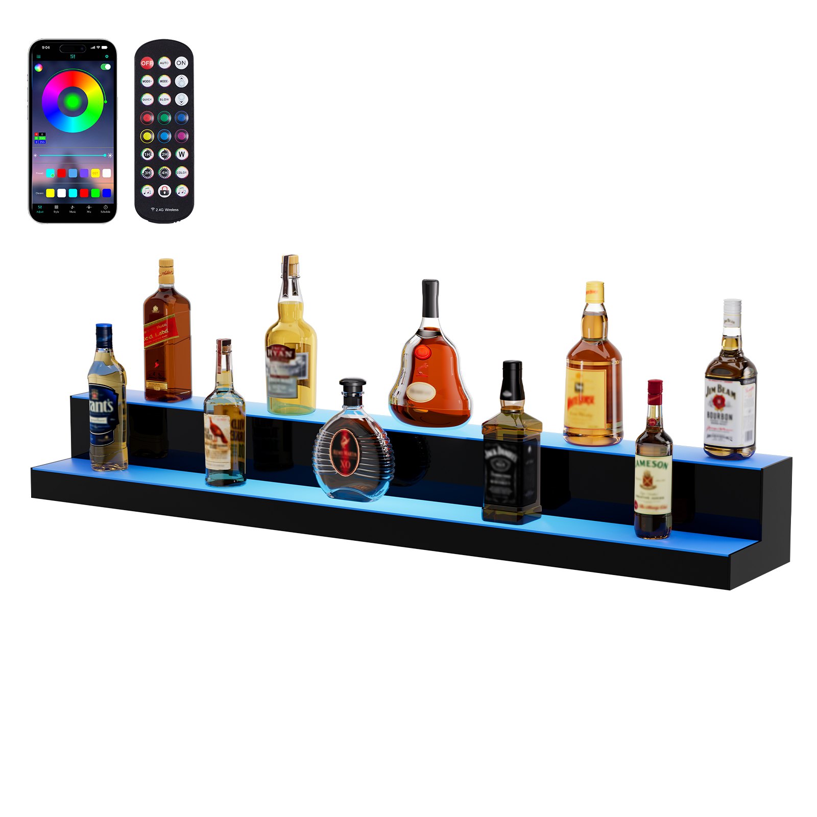 VEVOR LED Lighted Liquor Bottle Display, 2 Tiers 48 Inch Commercial Illuminated Home Bar Shelf, 2 Steps Whiskey Rack Stand, Acrylic Drink Shelves with RF Remote & App Control, and Multicolor lighting