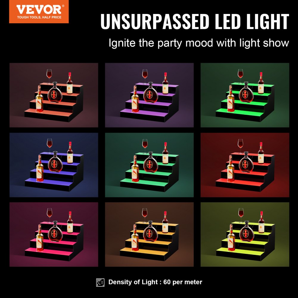 VEVOR Bar Shelf Wijnrek, LED-verlichte barplank voor thuis met RF-afstandsbediening en app-bediening, 4-laags acryl drankverlichtingsplank, 406 x 400 x 241 mm wijnflessenstandaard vrijstaand