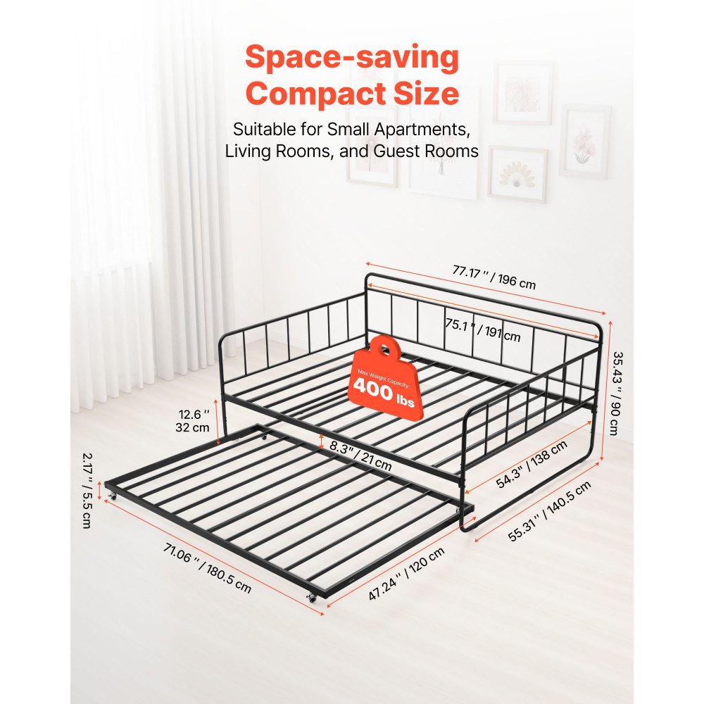 VEVOR Full Size Daybed Frame, Day Bed with Trundle, Heavy Duty Metal Platform Bed Frame, Full Daybed with Metal Slats Support for Living Room, Bedroom, Guest Room, Easy Assembly, Black