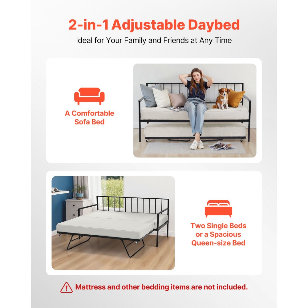 VEVOR Twin Size Daybed Frame, Height Adjustable Day Bed with Trundle, Heavy Duty Metal Platform Bed Frame with LED Light and Charging Station, Twin Daybed with Metal Slats for Living Room, Bedroom