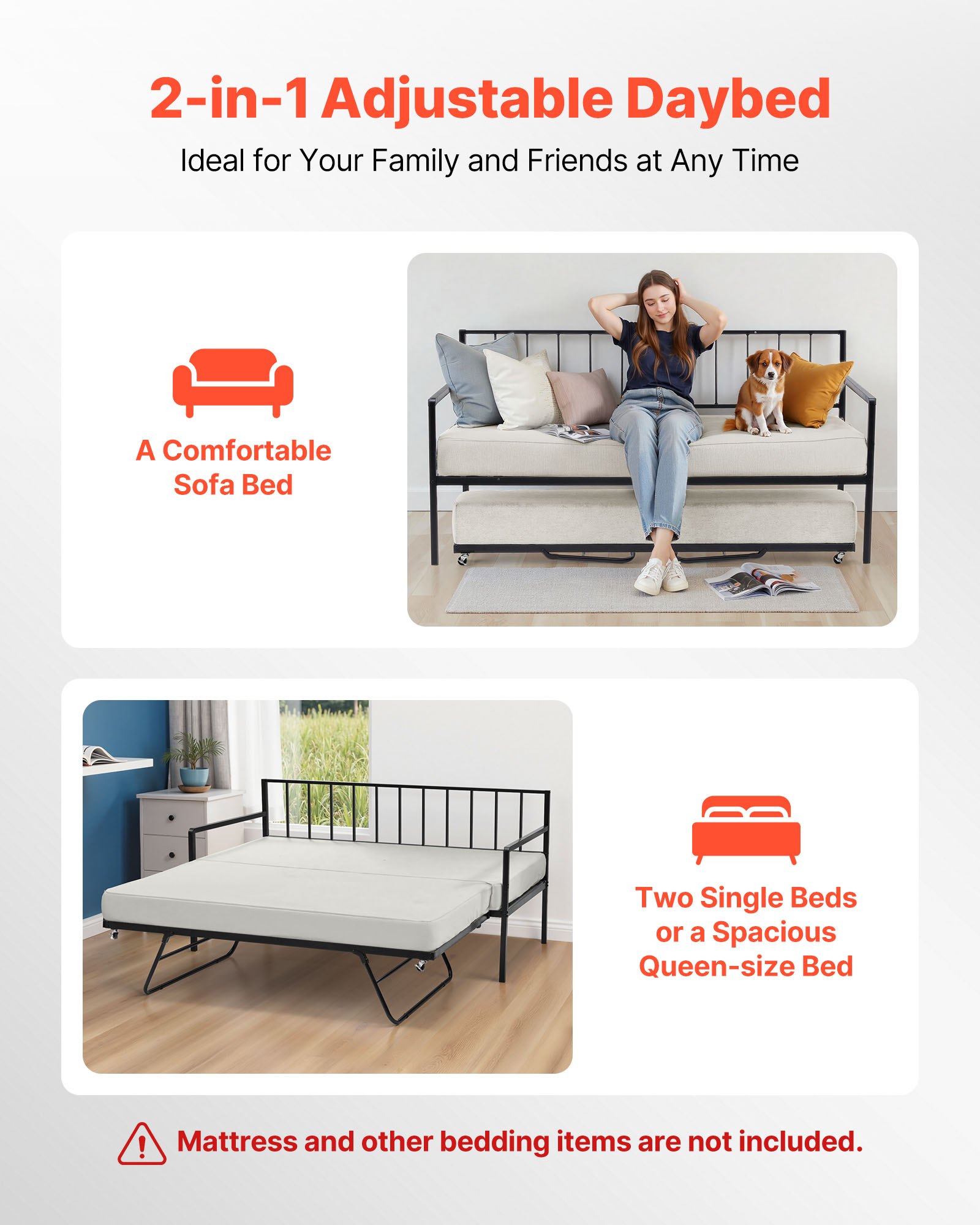 VEVOR Twin Size Daybed Frame, Height Adjustable Day Bed with Trundle, Heavy Duty Metal Platform Bed Frame with LED Light and Charging Station, Twin Daybed with Metal Slats for Living Room, Bedroom