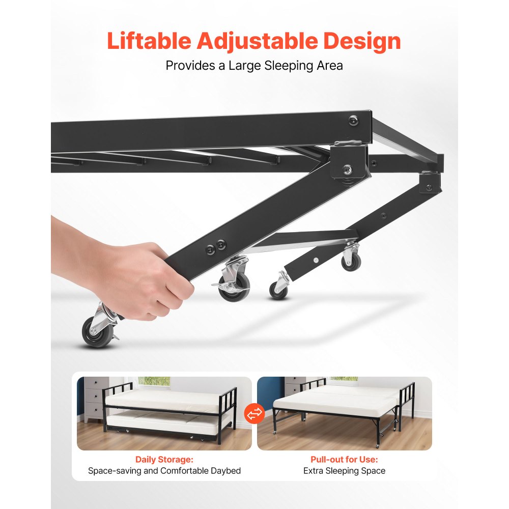 VEVOR Twin Daybed Frame, Daybed met uitschuifbaar onderstel, Platform Bed Frame Slaapbank (draagvermogen 180 kg) met metalen lattenbodem voor woonkamer, slaapkamer, logeerkamer, zwart