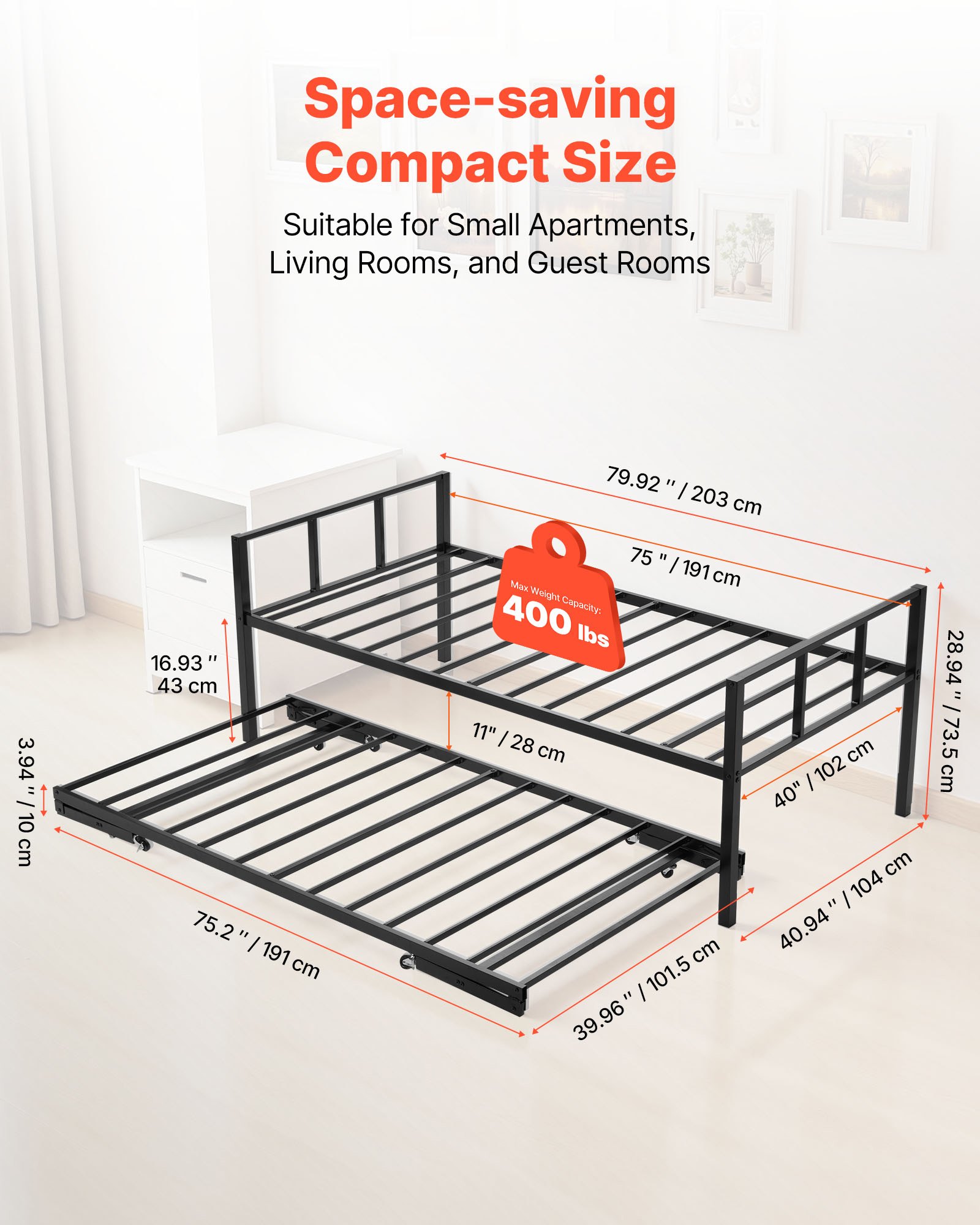 VEVOR Twin Daybed Frame, Daybed met uitschuifbaar onderstel, Platform Bed Frame Slaapbank (draagvermogen 180 kg) met metalen lattenbodem voor woonkamer, slaapkamer, logeerkamer, zwart