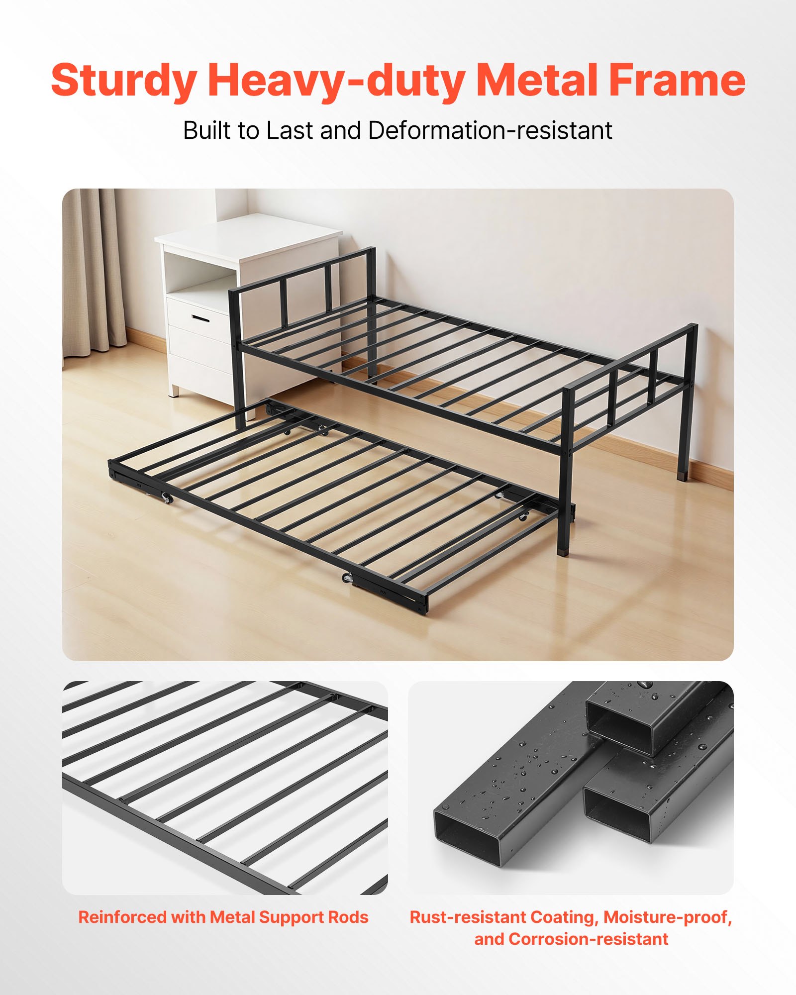 VEVOR Twin Daybed Frame, Daybed met uitschuifbaar onderstel, Platform Bed Frame Slaapbank (draagvermogen 180 kg) met metalen lattenbodem voor woonkamer, slaapkamer, logeerkamer, zwart