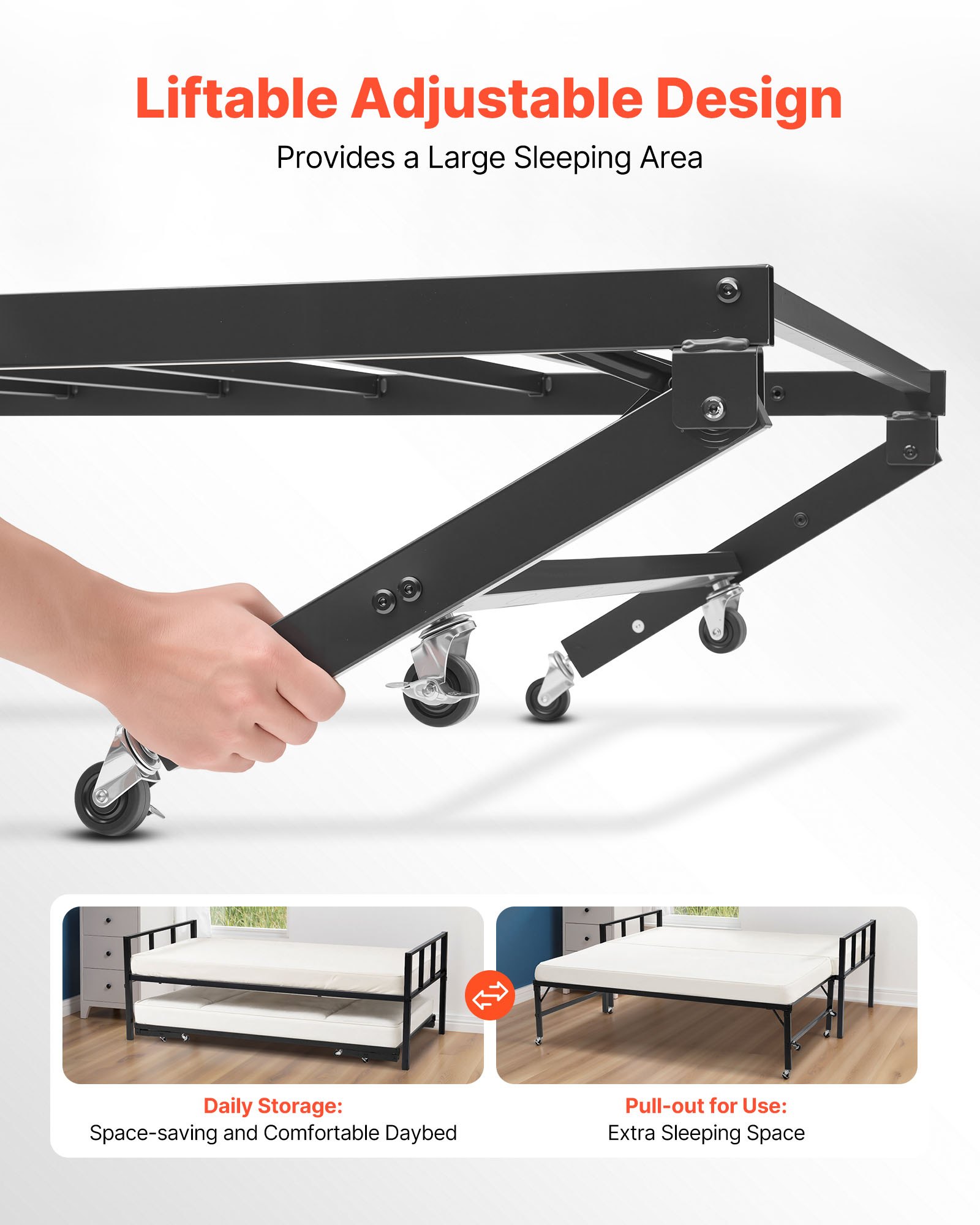 VEVOR Twin Daybed Frame, Daybed met uitschuifbaar onderstel, Platform Bed Frame Slaapbank (draagvermogen 180 kg) met metalen lattenbodem voor woonkamer, slaapkamer, logeerkamer, zwart