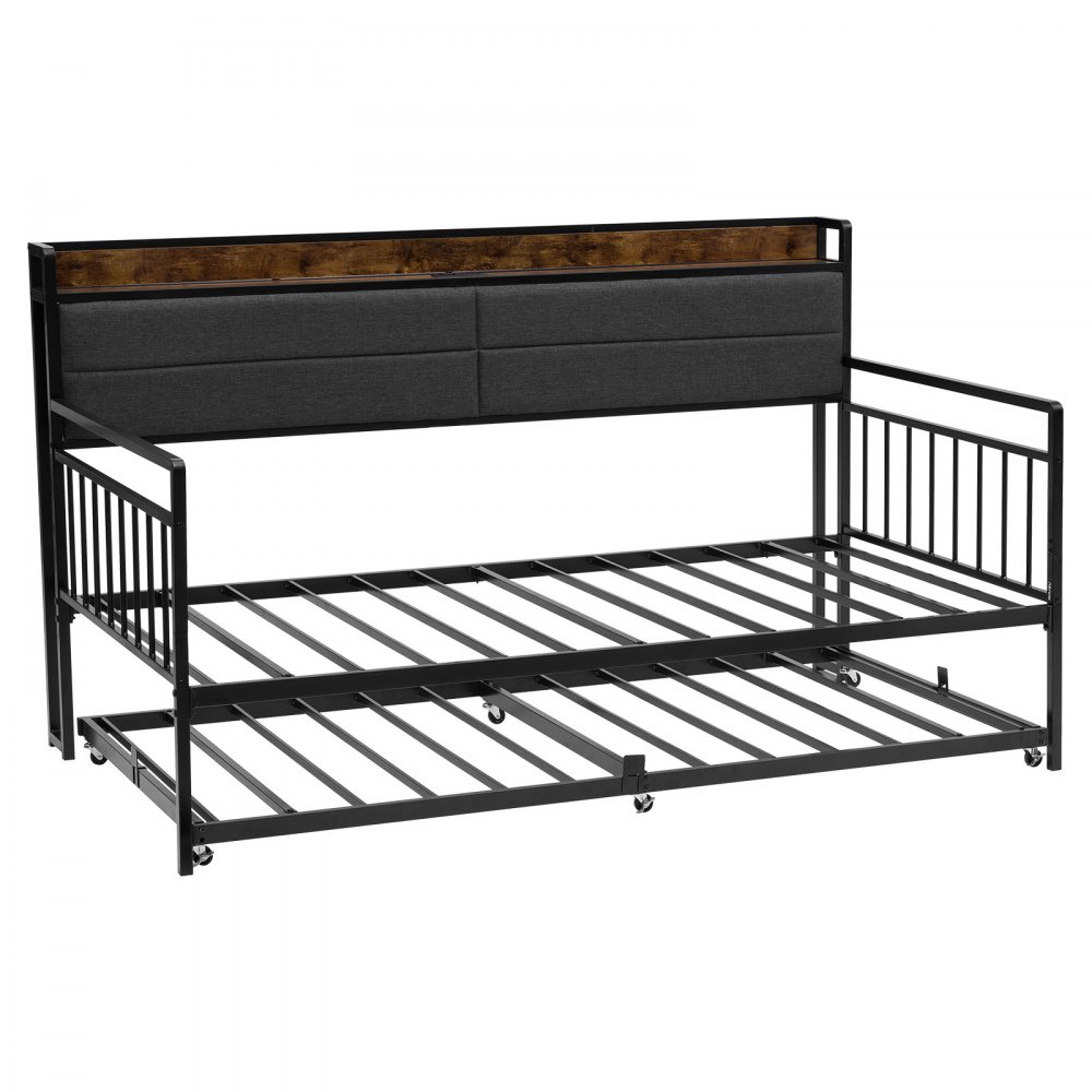VEVOR Twin Size Daybed Frame, Day Bed with Trundle, Heavy Duty Metal Platform Bed Frame with Charging Station, Twin Daybed with Metal Slats Support for Living Room, Bedroom, Guest Room, Easy Assembly