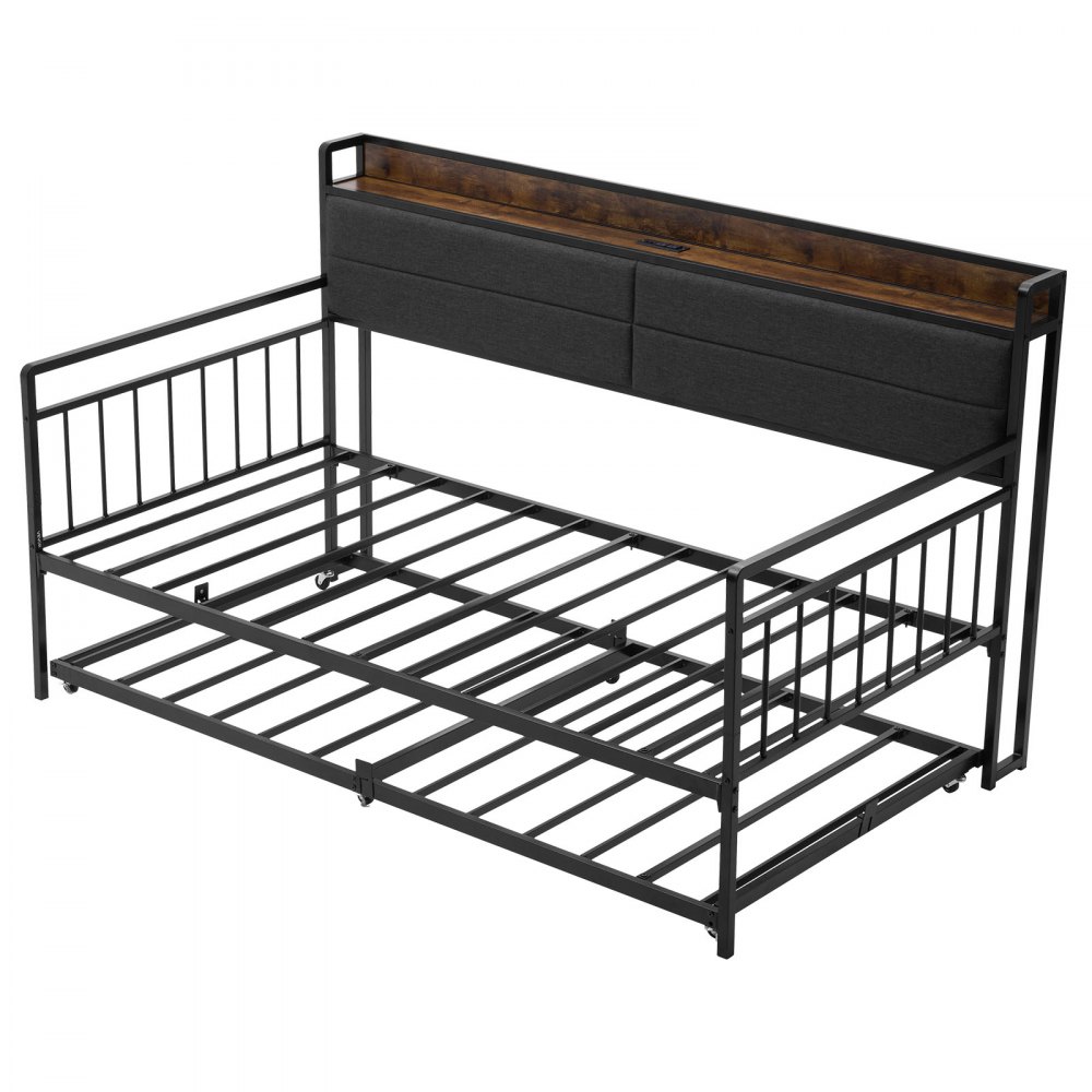 VEVOR Twin Size Daybed Frame, Day Bed with Trundle, Heavy Duty Metal Platform Bed Frame with Charging Station, Twin Daybed with Metal Slats Support for Living Room, Bedroom, Guest Room, Easy Assembly