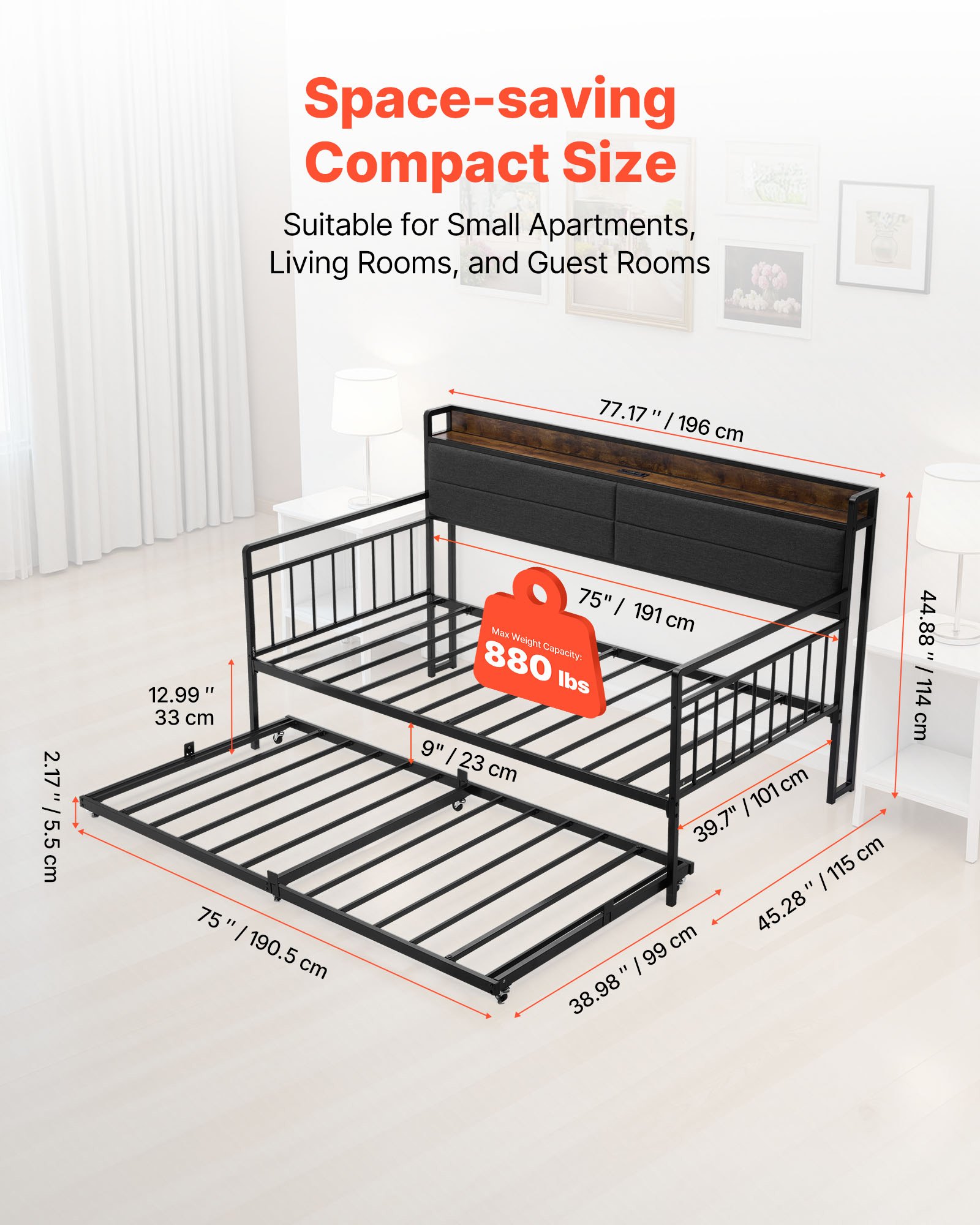 VEVOR Twin Size Daybed Frame, Day Bed with Trundle, Heavy Duty Metal Platform Bed Frame with Charging Station, Twin Daybed with Metal Slats Support for Living Room, Bedroom, Guest Room, Easy Assembly