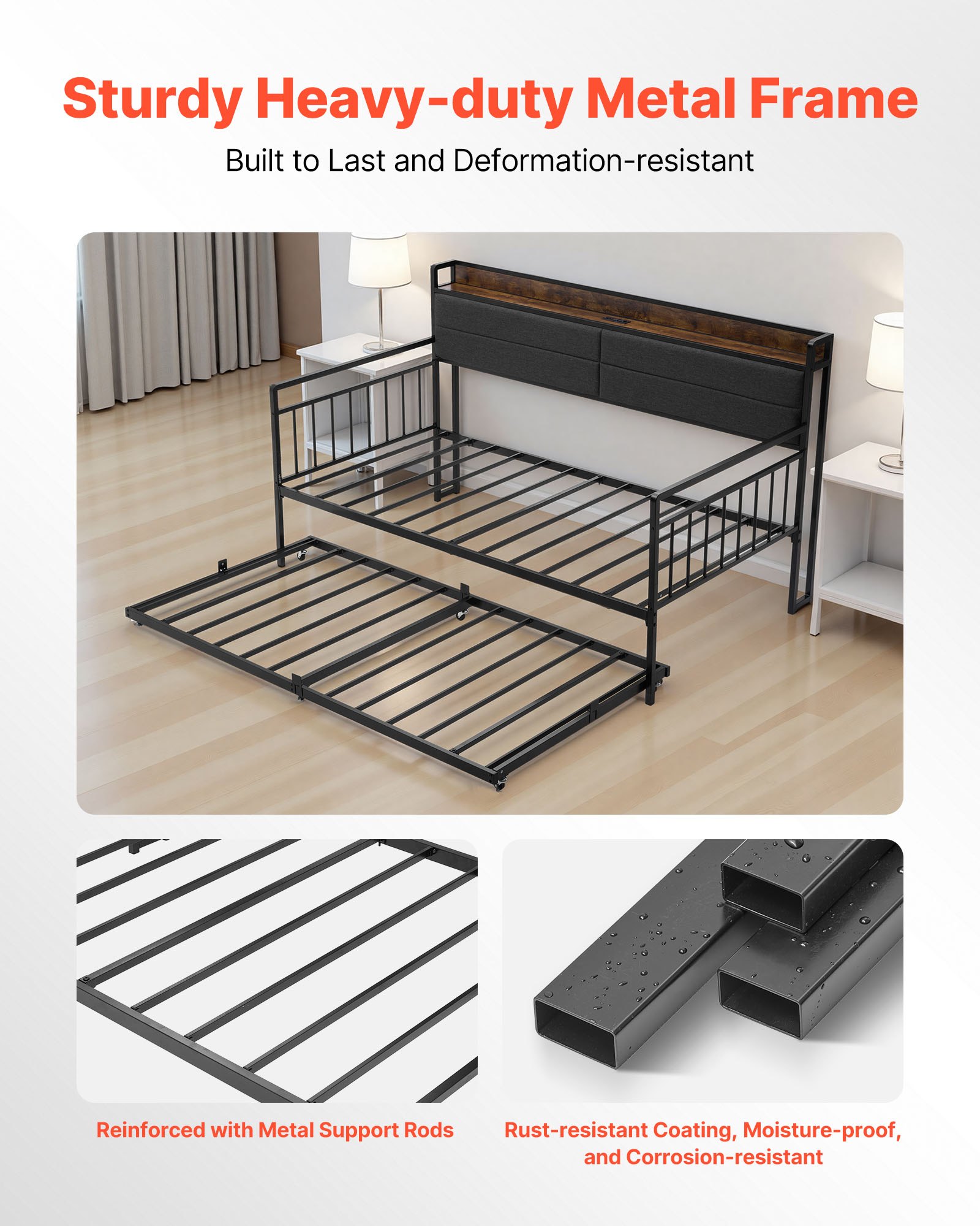 VEVOR Twin Size Daybed Frame, Day Bed with Trundle, Heavy Duty Metal Platform Bed Frame with Charging Station, Twin Daybed with Metal Slats Support for Living Room, Bedroom, Guest Room, Easy Assembly