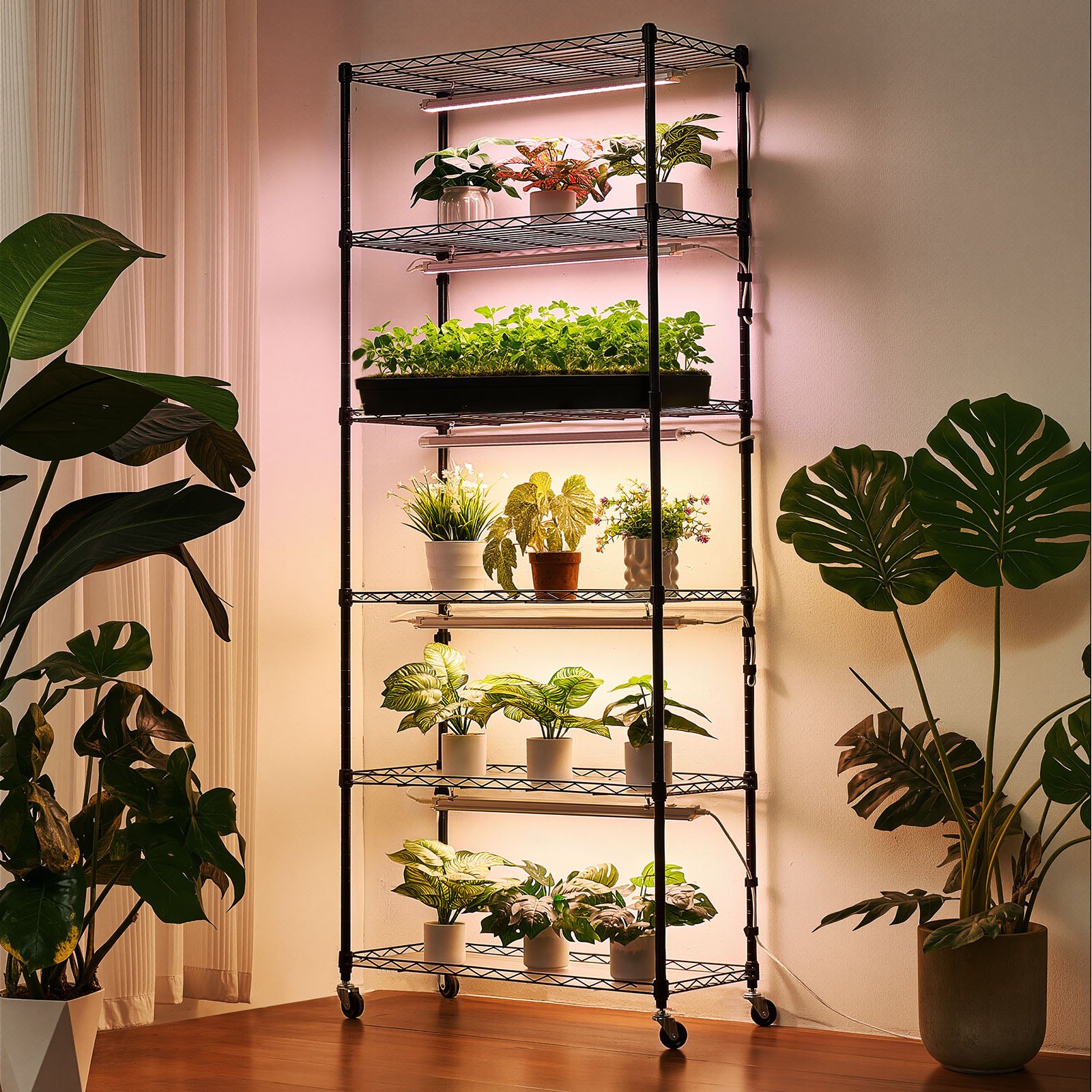 VEVOR Plant Shelf with Grow Light, 6-Tier Indoor Plant Stand, 180cm Tall Plants Display Rack with Wheels & 4/9/14H Timer, 150W 3-Color Full Spectrum Grow Lights, Flower Pot Holder for Seed Starting