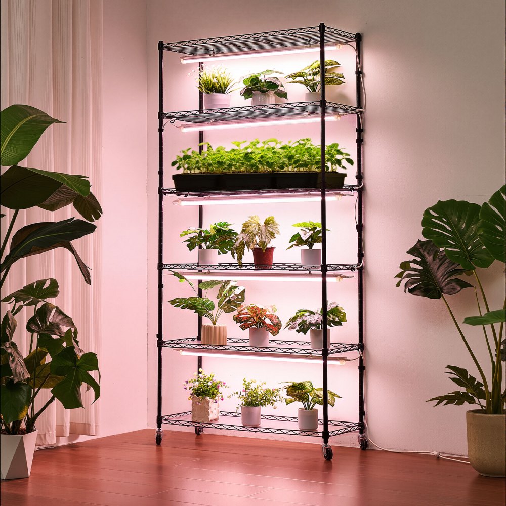 VEVOR plantenrek met kweeklampen, 6-laags plantenstandaard voor binnen met wielen en timer, 150W 3800K full spectrum licht, metalen bloemenrek voor zaaien, 90x35x180cm