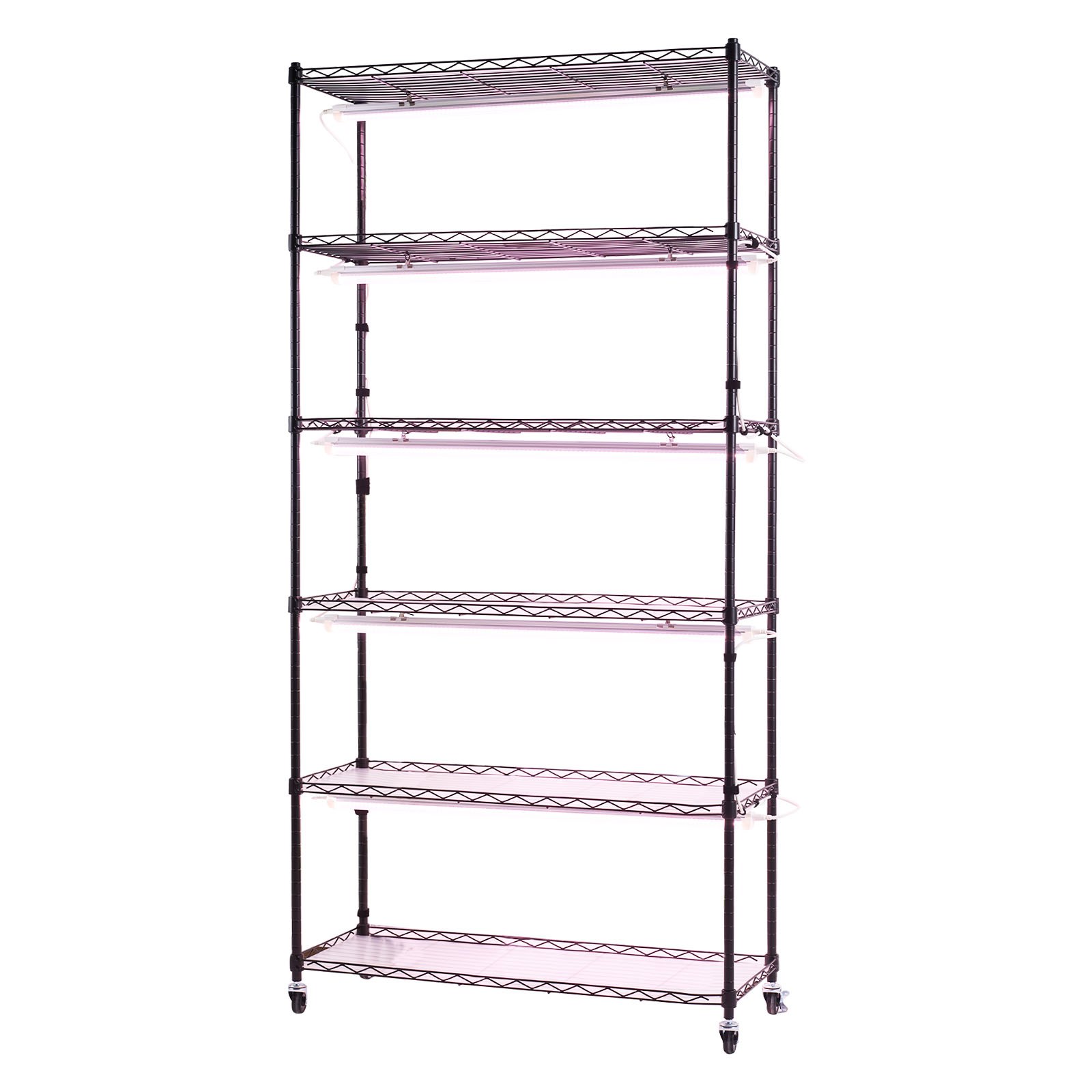 VEVOR plantenrek met kweeklampen, 6-laags plantenstandaard voor binnen met wielen en timer, 150W 3800K full spectrum licht, metalen bloemenrek voor zaaien, 90x35x180cm