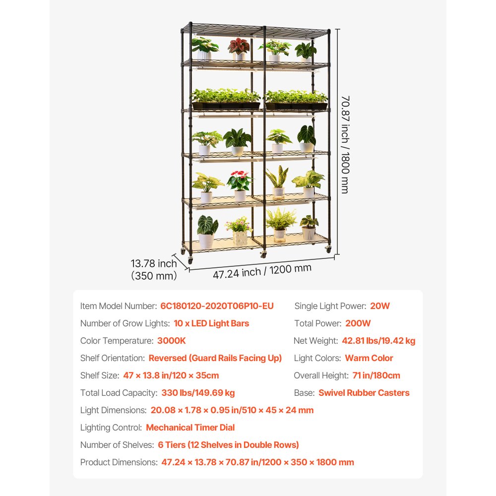 VEVOR plantenrek met groeilamp, 6-laags plantenrek met dubbele rij voor kamerplanten, wielen en timer, 200W full-spectrum lampen, bloeirek voor het opkweken van zaden, 120x35x180cm