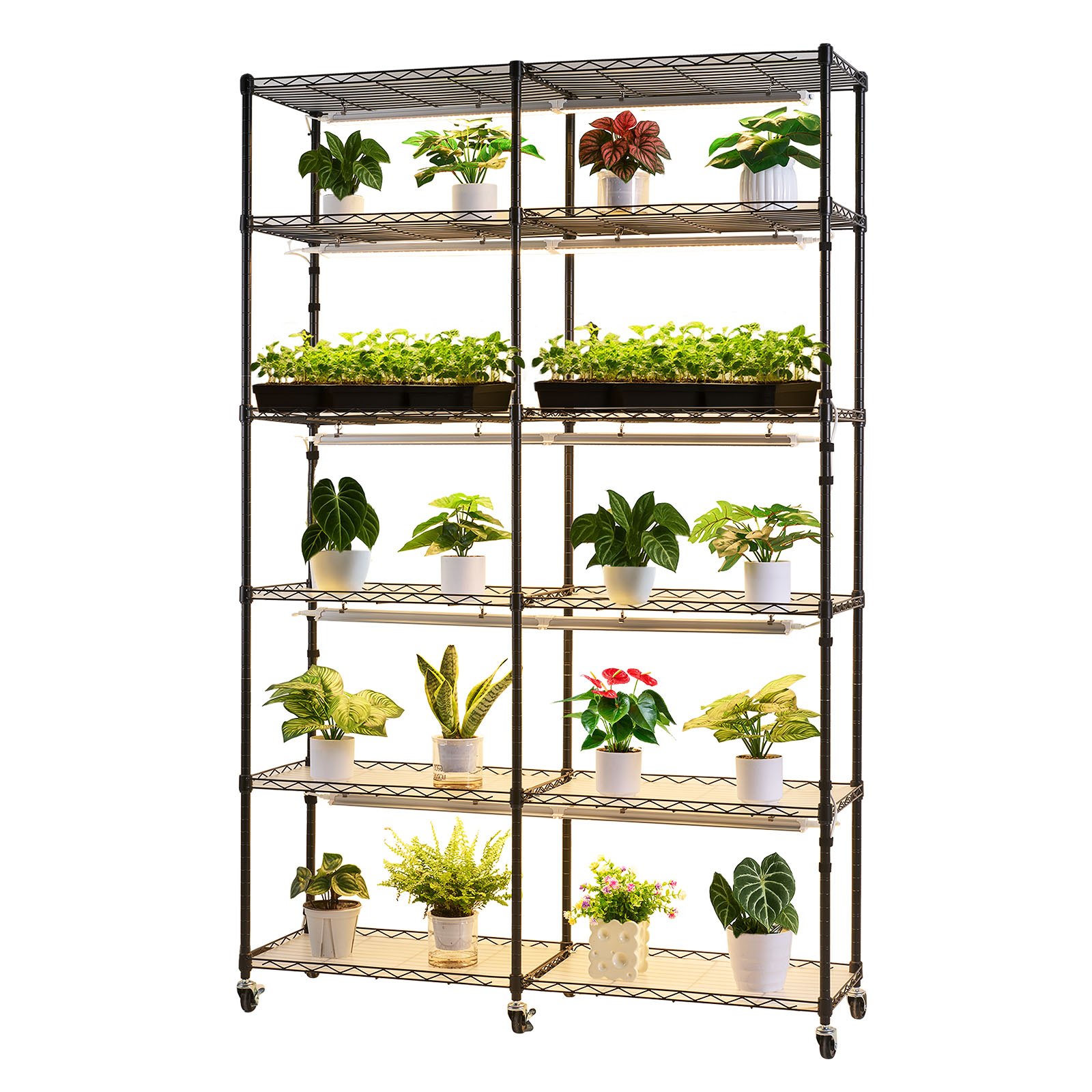 VEVOR plantenrek met groeilamp, 6-laags plantenrek met dubbele rij voor kamerplanten, wielen en timer, 200W full-spectrum lampen, bloeirek voor het opkweken van zaden, 120x35x180cm