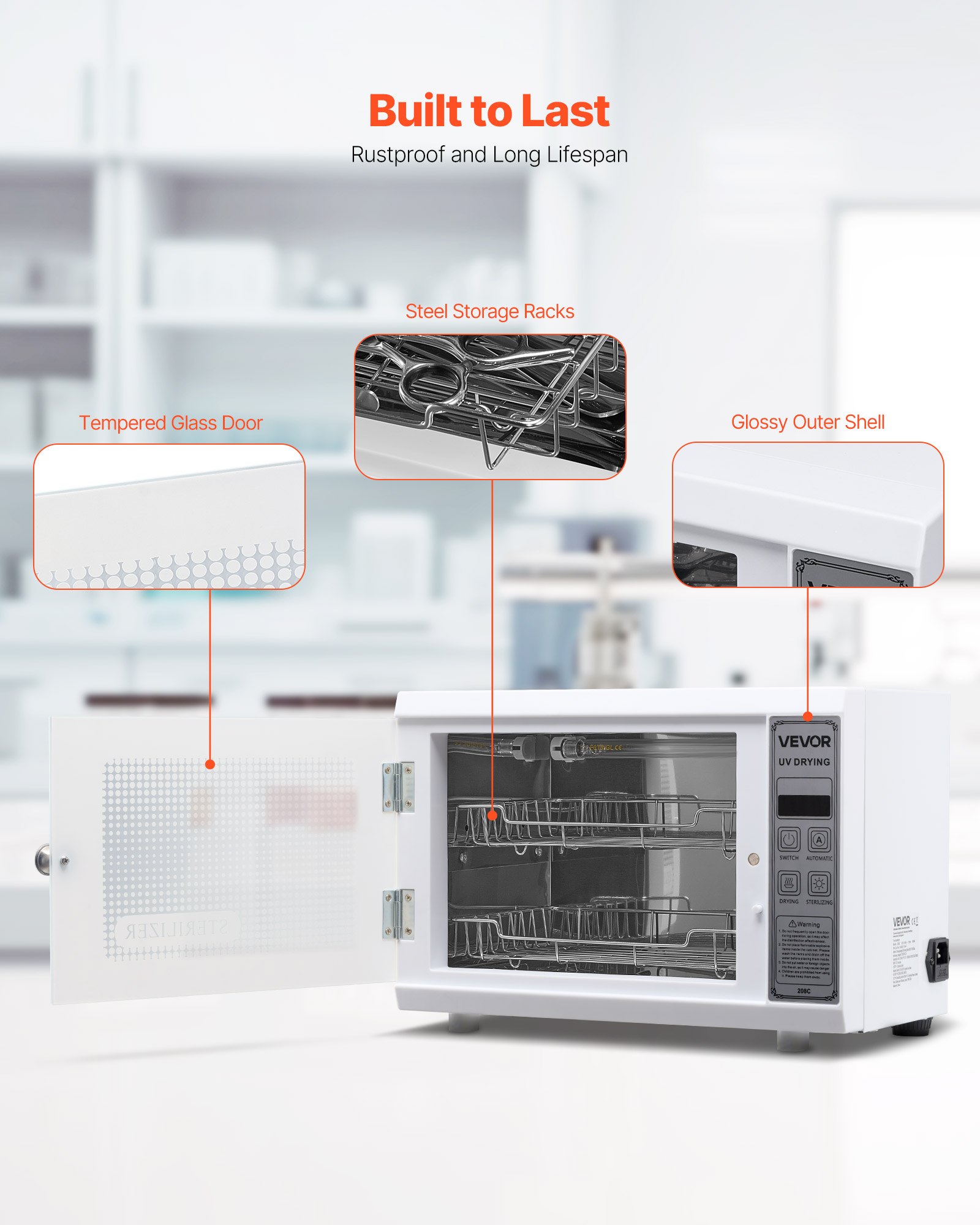 VEVOR UV-sterilisator voor het reinigen van nagelgereedschap (12 L / 160 W) Multifunctionele nagelreiniger met timerinstelling, reinigingskast met gehard glazen deur, voor laboratoria