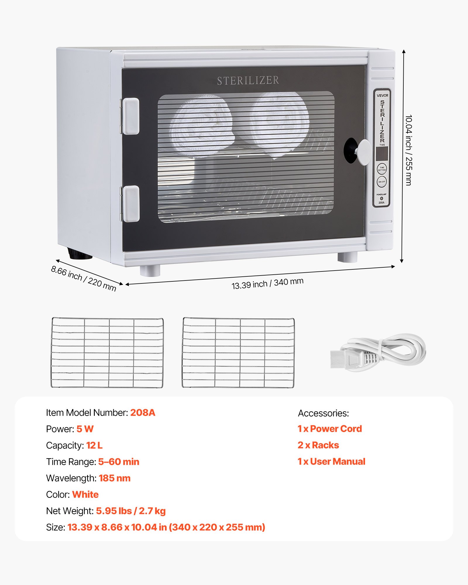VEVOR UV-sterilisator voor het reinigen van nagelgereedschap (12 L / 5 W) Multifunctionele nagelreiniger met timerinstelling, reinigingskast met gehard glazen deur, voor laboratoria