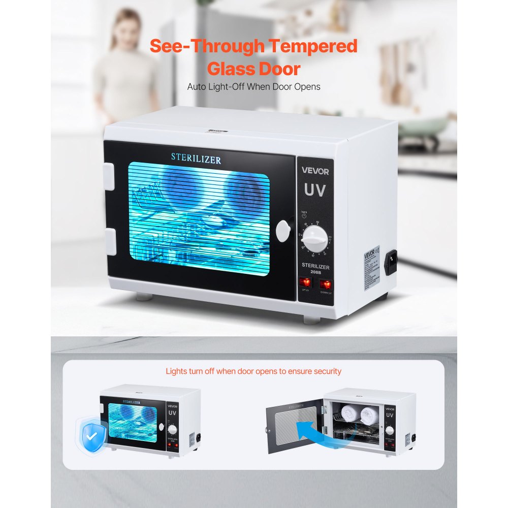 VEVOR UV-sterilisator voor het reinigen van nagelgereedschap (12 L / 12 W) Multifunctionele nagelreiniger-sterilisator met timerinstelling en knopbediening Reinigingskast met gehard glazen deur