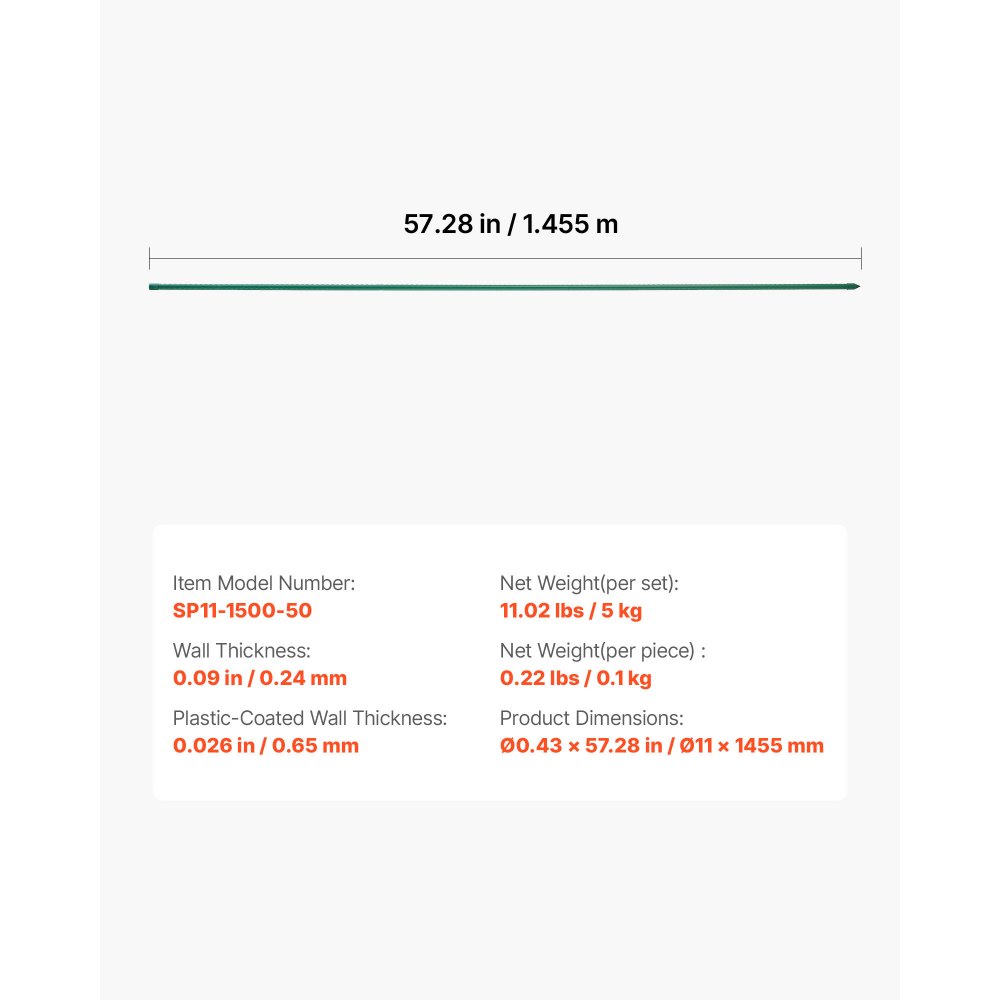 VEVOR Plantensteun, 10 stuks, Plantenstokken ⌀11x1455 mm, Met kunststof gecoate metalen tomatenstokken, Plantensteun met puntig uiteinde en antislipnoppen voor het kweken van klimplanten en groenten