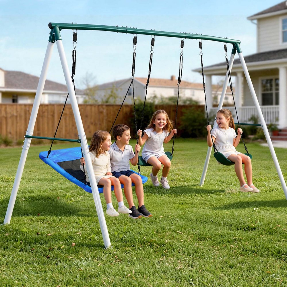 VEVOR tuinschommel met A-vormig metalen frame en twee veiligheidsgordels, schommelzitje (110 x 80 cm), draagvermogen tot 318 kg, buitenschommelset, verstevigd met spiraalvormige grondankers.