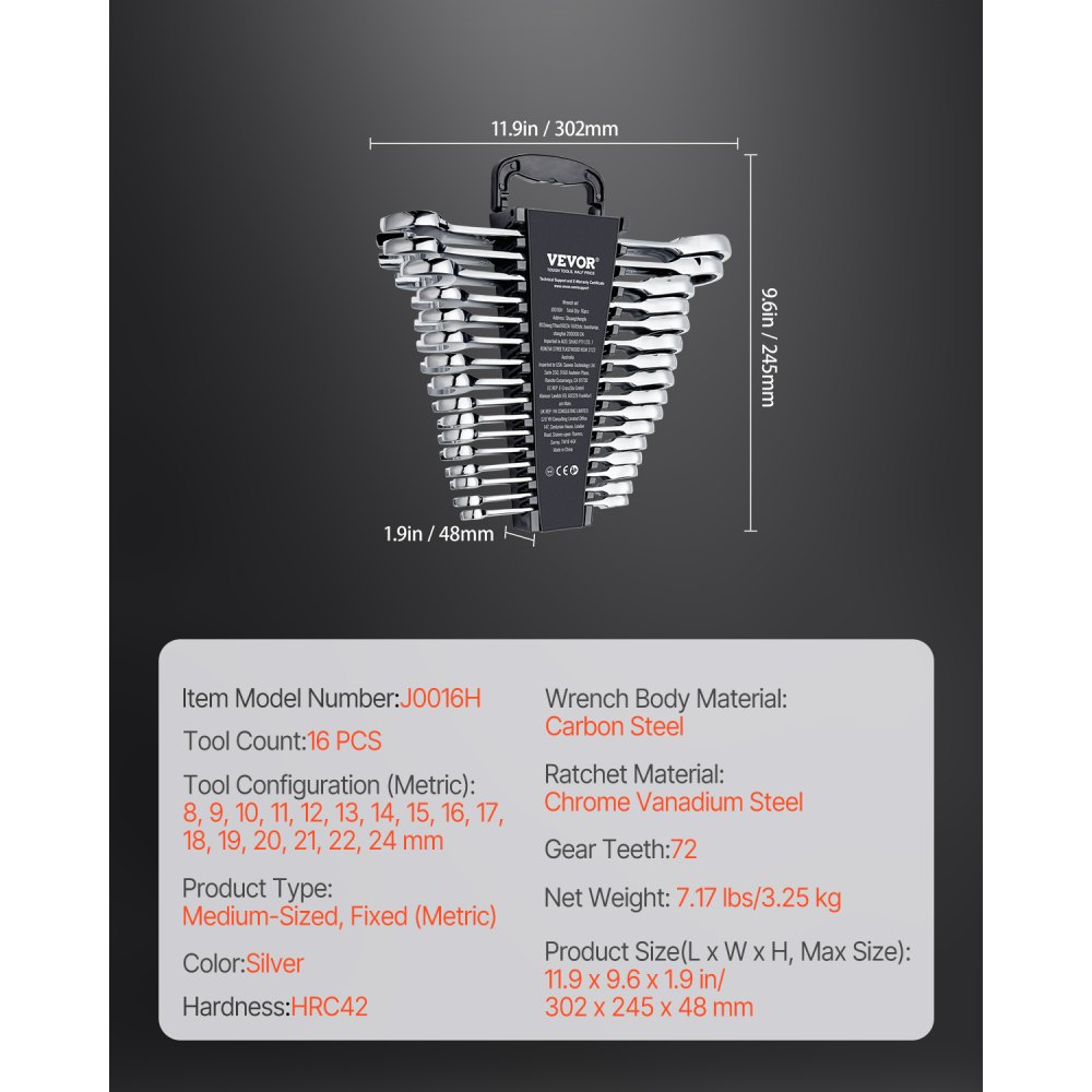 VEVOR Combinatiesleutelset 16-delige ratelsleutelset met opbergrek, Cr-V stalen sleutelset metrisch 8 mm tot 24 mm, ideaal voor huishouden, garage, werkplaats, autoreparaties en noodgevallen