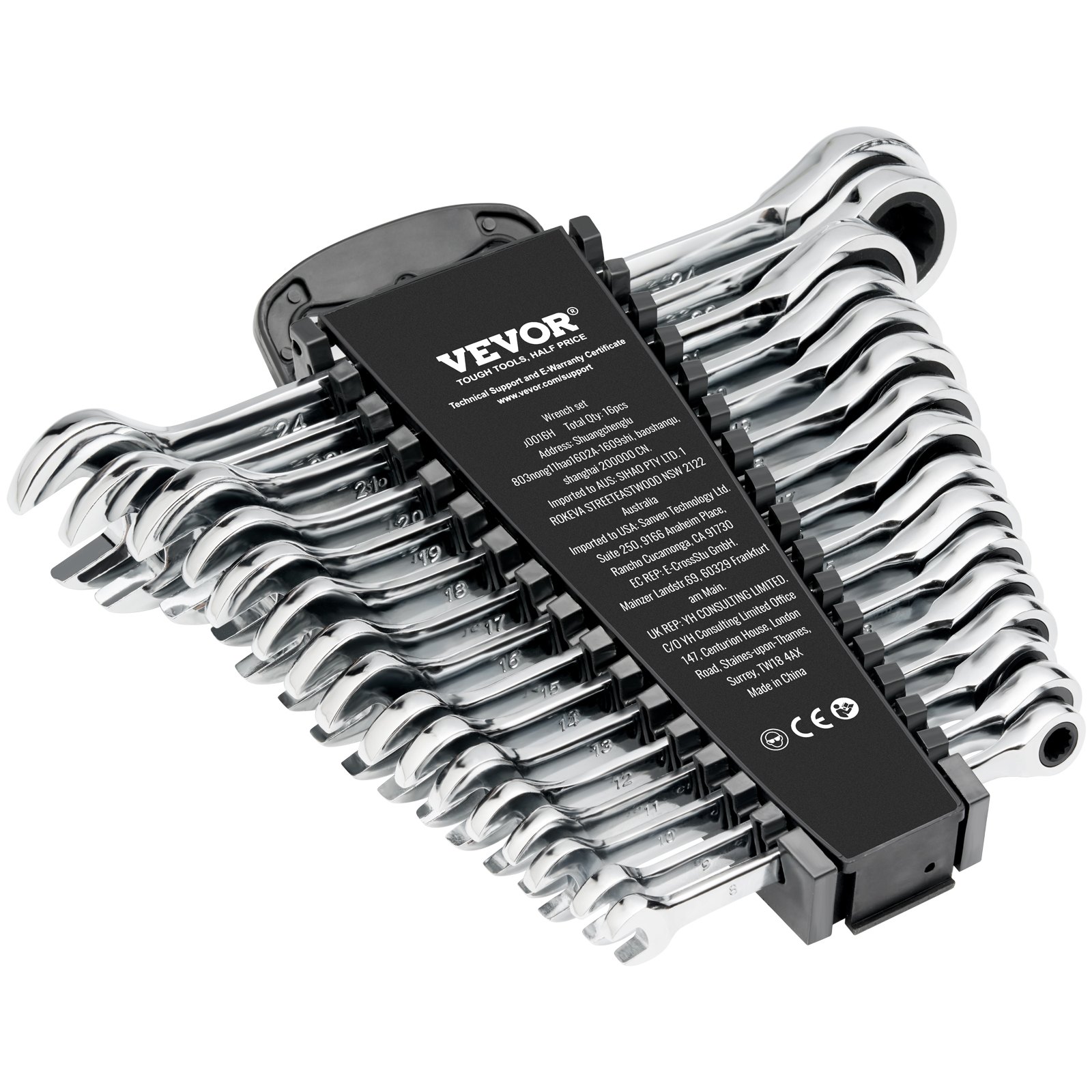 VEVOR Combinatiesleutelset 16-delige ratelsleutelset met opbergrek, Cr-V stalen sleutelset metrisch 8 mm tot 24 mm, ideaal voor huishouden, garage, werkplaats, autoreparaties en noodgevallen