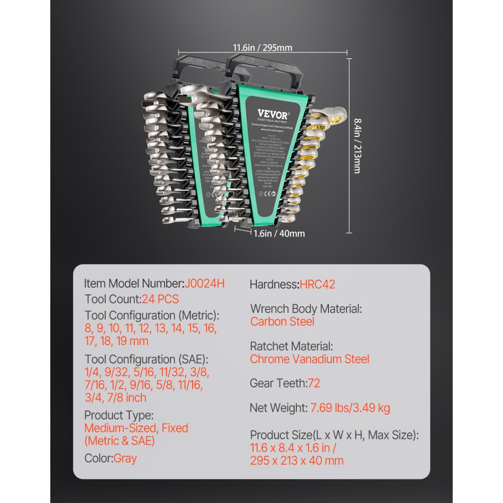 VEVOR-sleutelset 24-delige ratelsleutelset met opbergrek, sleutelset van Cr-V-staal SAE 1/4 inch tot 7/8 inch, metrisch 8 mm tot 19 mm, ideaal voor huishoudelijke autoreparatiewerkplaatsen