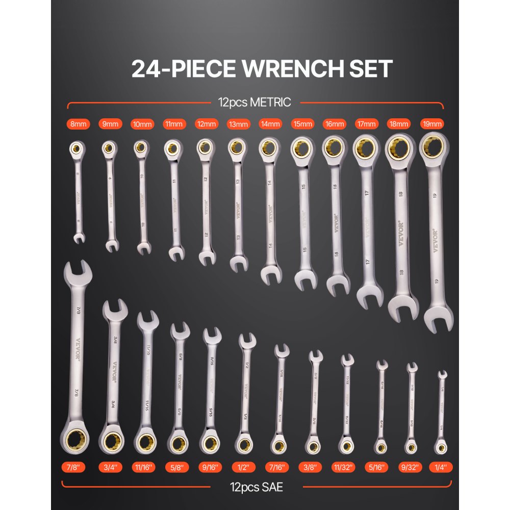 VEVOR-sleutelset 24-delige ratelsleutelset met opbergrek, sleutelset van Cr-V-staal SAE 1/4 inch tot 7/8 inch, metrisch 8 mm tot 19 mm, ideaal voor huishoudelijke autoreparatiewerkplaatsen
