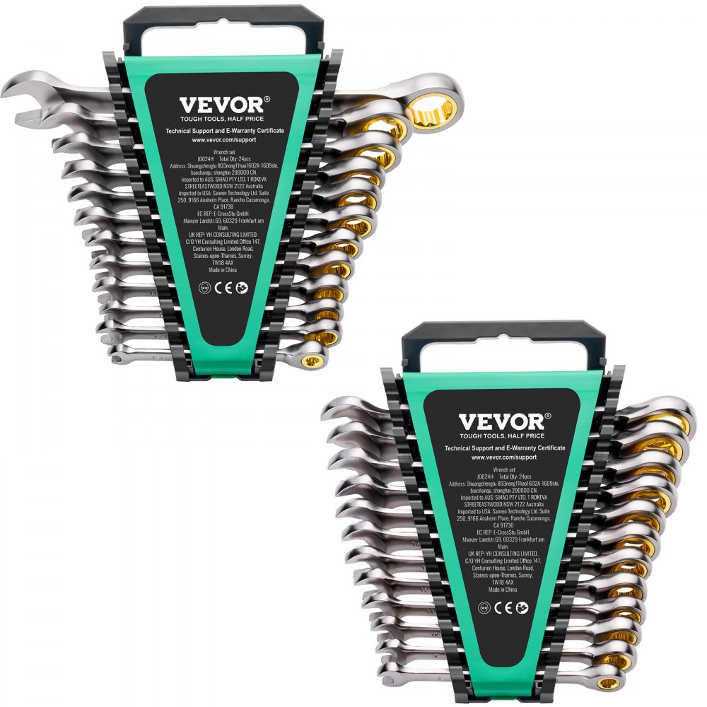 VEVOR-sleutelset 24-delige ratelsleutelset met opbergrek, sleutelset van Cr-V-staal SAE 1/4 inch tot 7/8 inch, metrisch 8 mm tot 19 mm, ideaal voor huishoudelijke autoreparatiewerkplaatsen
