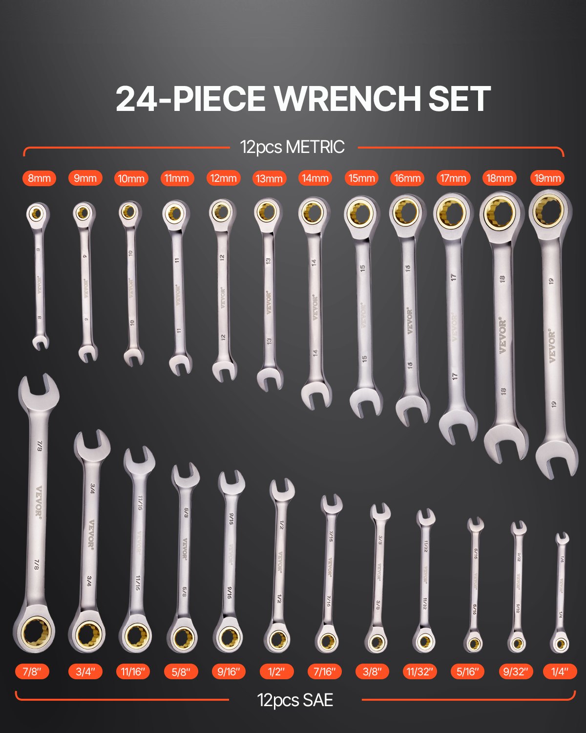 VEVOR-sleutelset 24-delige ratelsleutelset met opbergrek, sleutelset van Cr-V-staal SAE 1/4 inch tot 7/8 inch, metrisch 8 mm tot 19 mm, ideaal voor huishoudelijke autoreparatiewerkplaatsen
