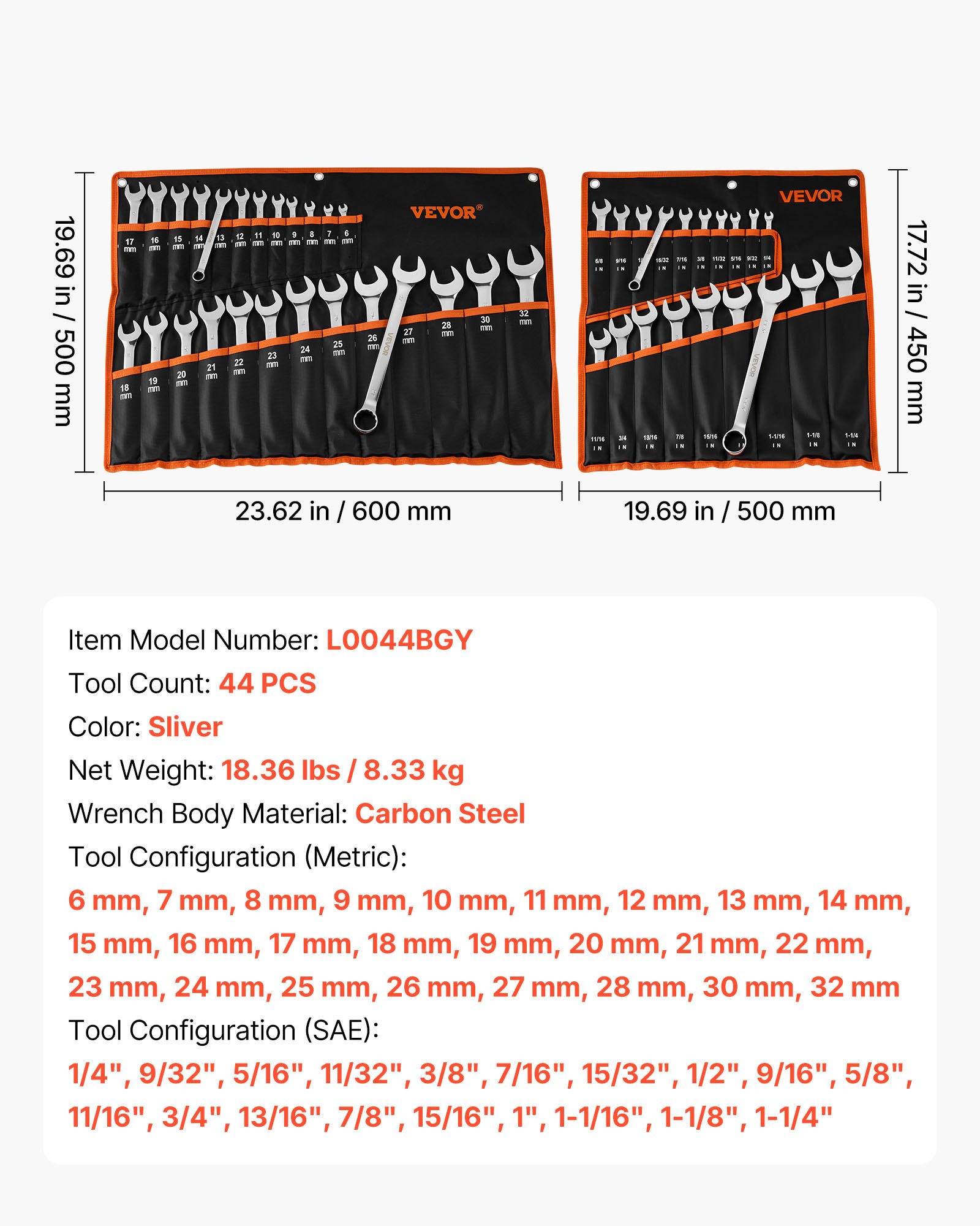 VEVOR Combination Wrench Set, 44-Piece SAE and Metric, 12-Point Box End and 15° Angled Open End Combination Wrenches with Roll Up Pouch, Carbon Steel, for General Household and Automotive Repairs