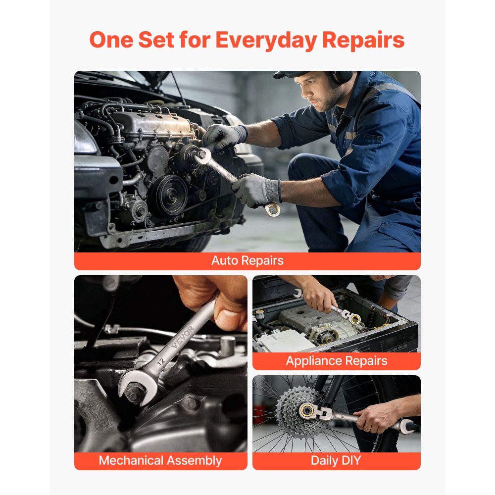 VEVOR 12-delige ratelsleutelset met flexibele kop, metrisch 8-19 mm, 72 tanden, ratelringsleutels gemaakt van Cr-V-staal met opbergtas, steeksleutels voor klussen in en rond het huis en voertuigonderhoud.