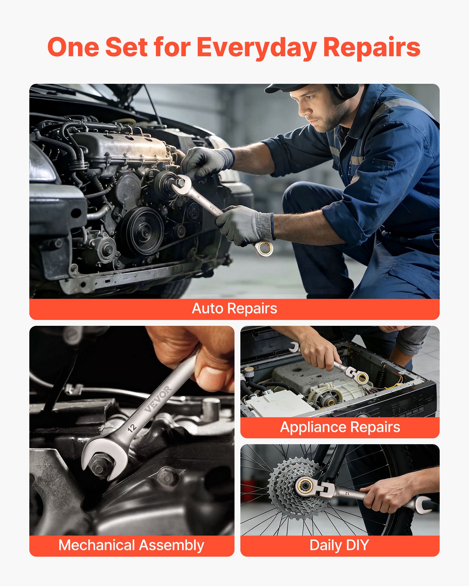 VEVOR 12-delige ratelsleutelset met flexibele kop, metrisch 8-19 mm, 72 tanden, ratelringsleutels gemaakt van Cr-V-staal met opbergtas, steeksleutels voor klussen in en rond het huis en voertuigonderhoud.