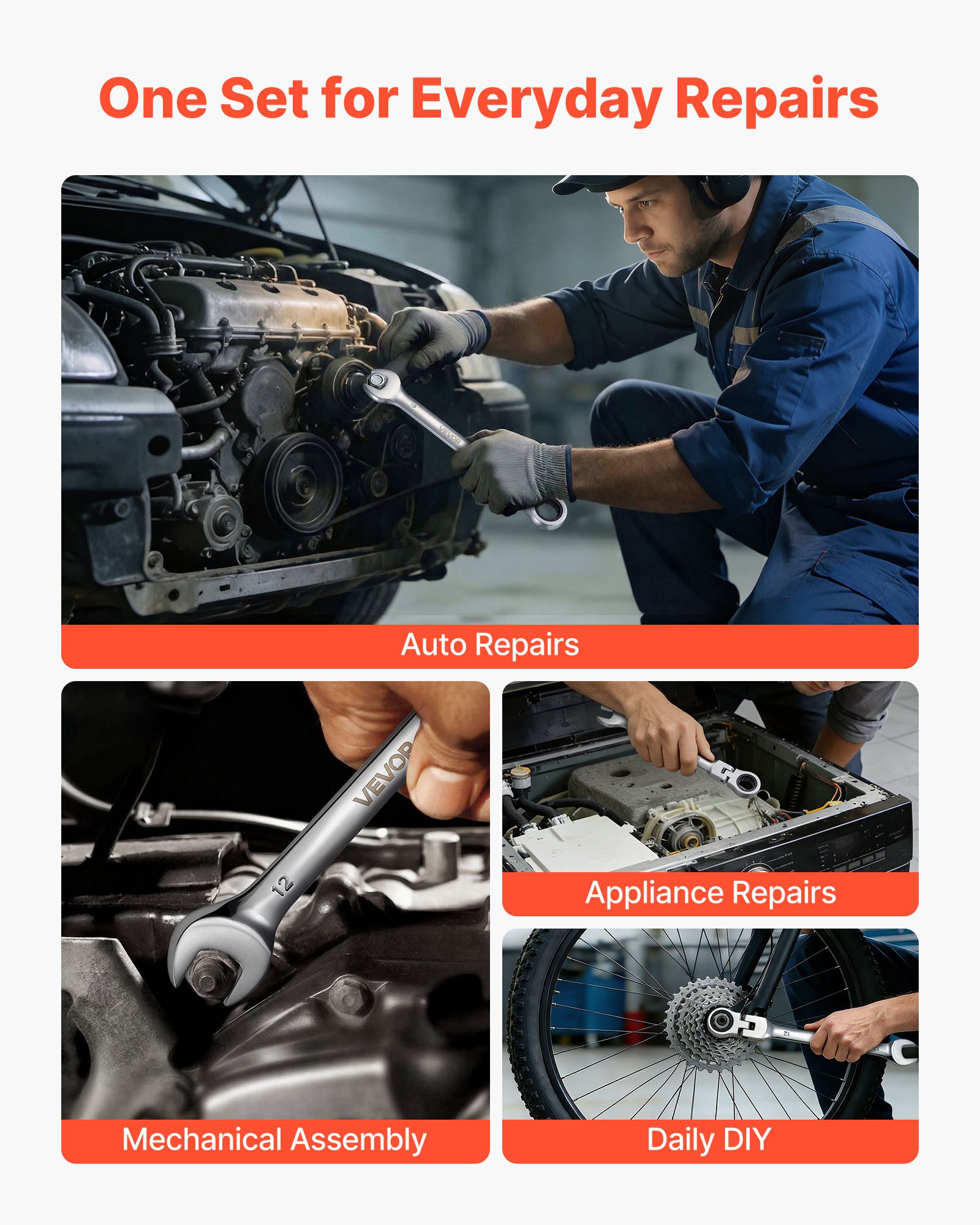 VEVOR 24-delige ratelsleutelset met flexibele kop (metrisch en SAE), 72 tanden, ratelringsleutelset gemaakt van Cr-V-staal met opbergkoffer, steeksleutels voor klussen in en rond het huis en voertuigonderhoud.