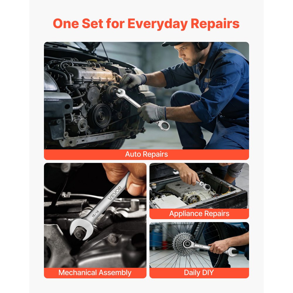 VEVOR 30-delige ratelsleutelset met flexibele kop, metrisch SAE 72 tanden, ratelringsleutelset gemaakt van Cr-V-staal met opbergtas, steeksleutels voor huishoudelijke en autoreparaties.